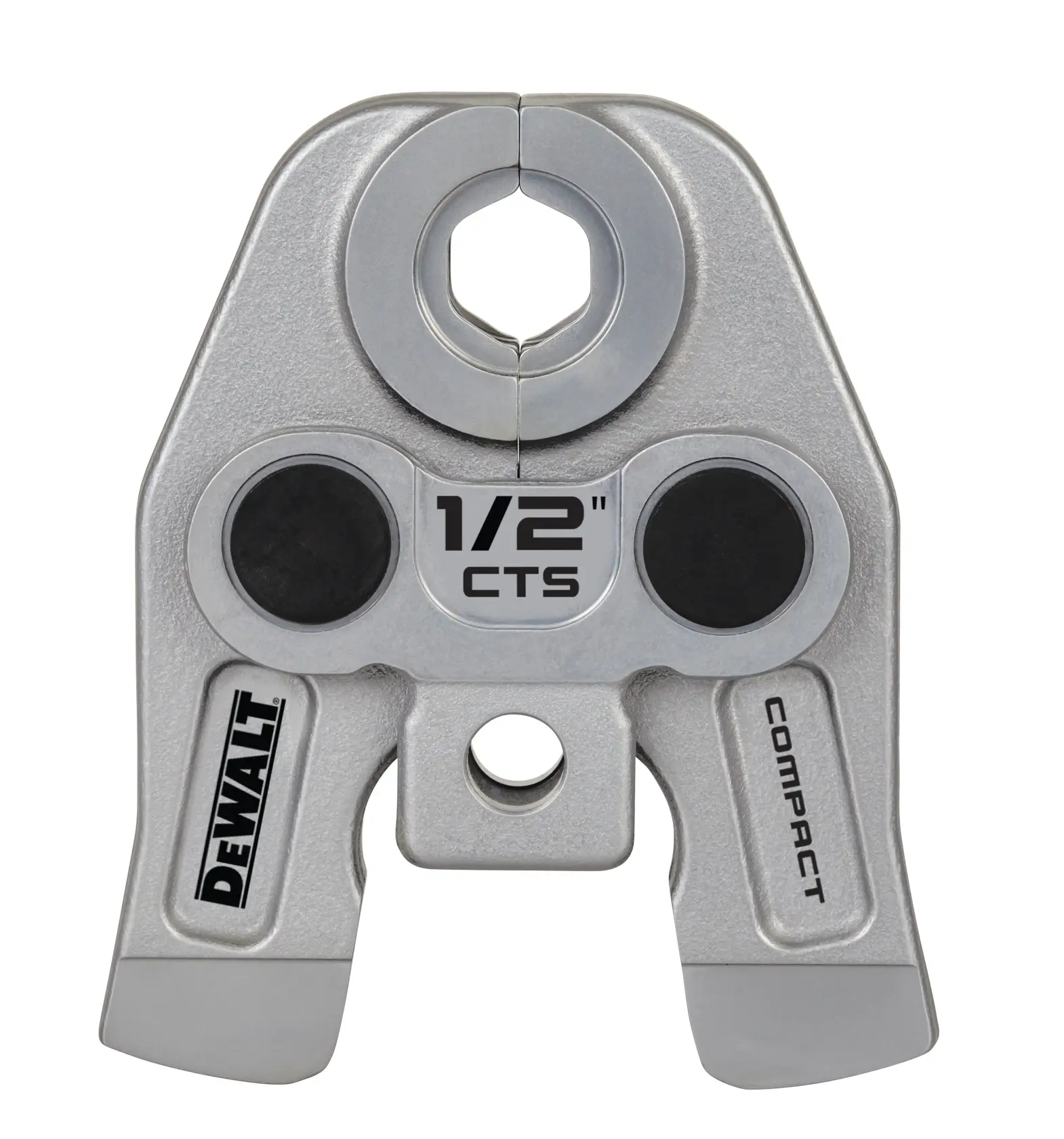 A DEWALT compact press tool jaw for 1/2 inch CTS pipe connections, made of metal and labeled with brand and size.