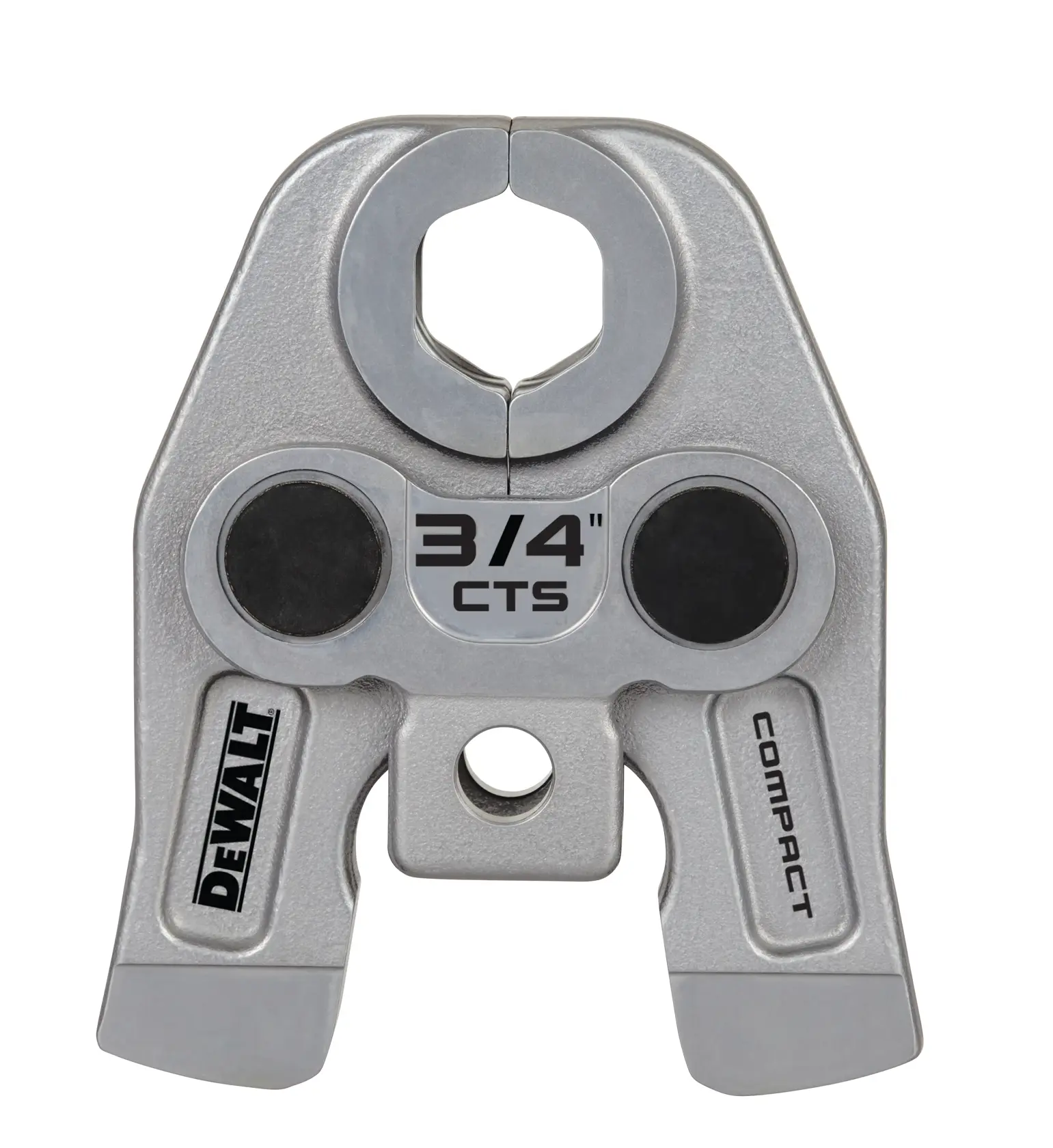 A DEWALT 3/4 inch CTS compact pressing jaw, used for pipe fitting applications and made of metal.