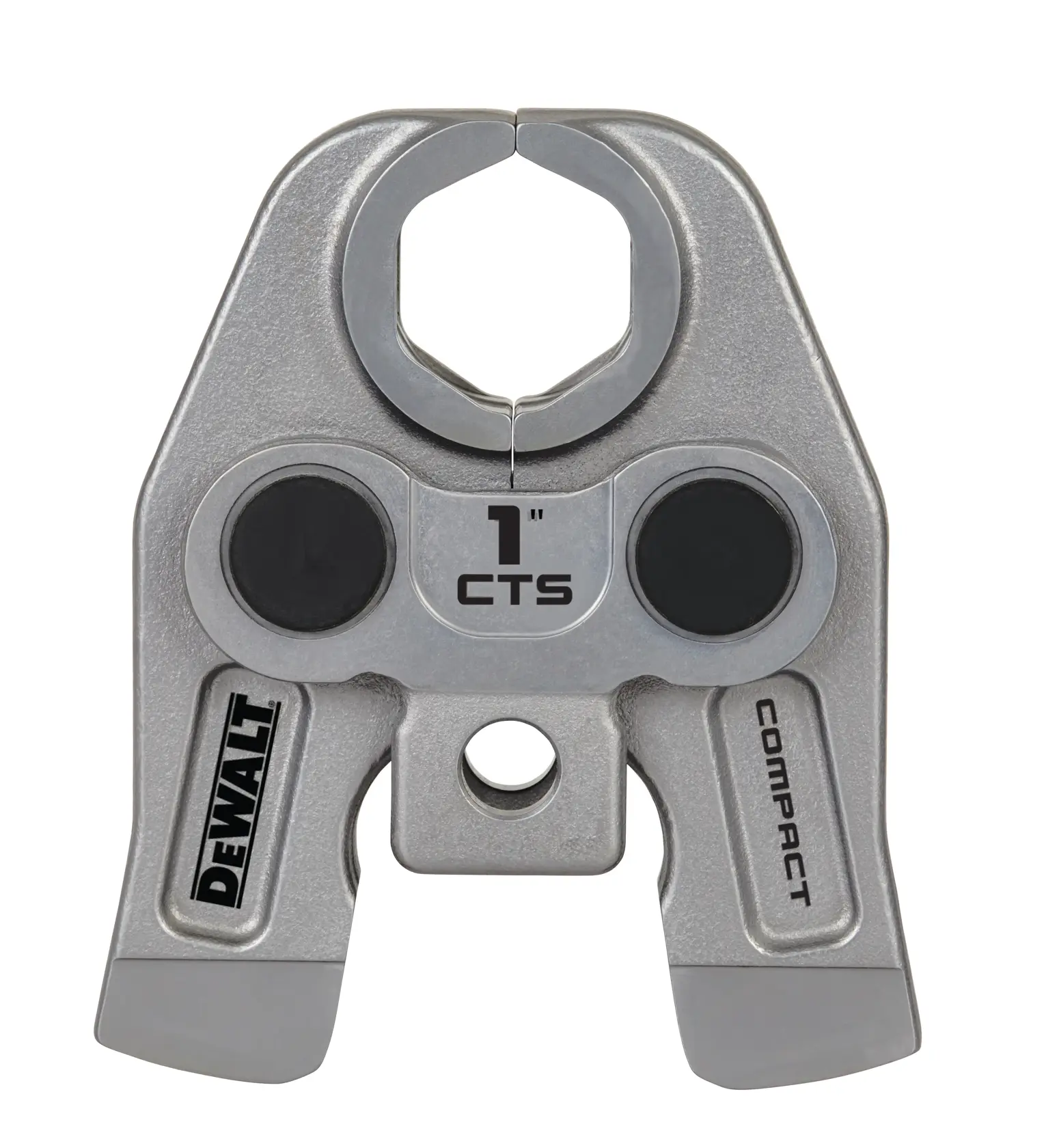 A DEWALT compact pipe pressing jaw, marked with '1" CTS', designed for pressing 1 inch copper tubing or pipe connections. The tool has a metallic finish and DEWALT branding.