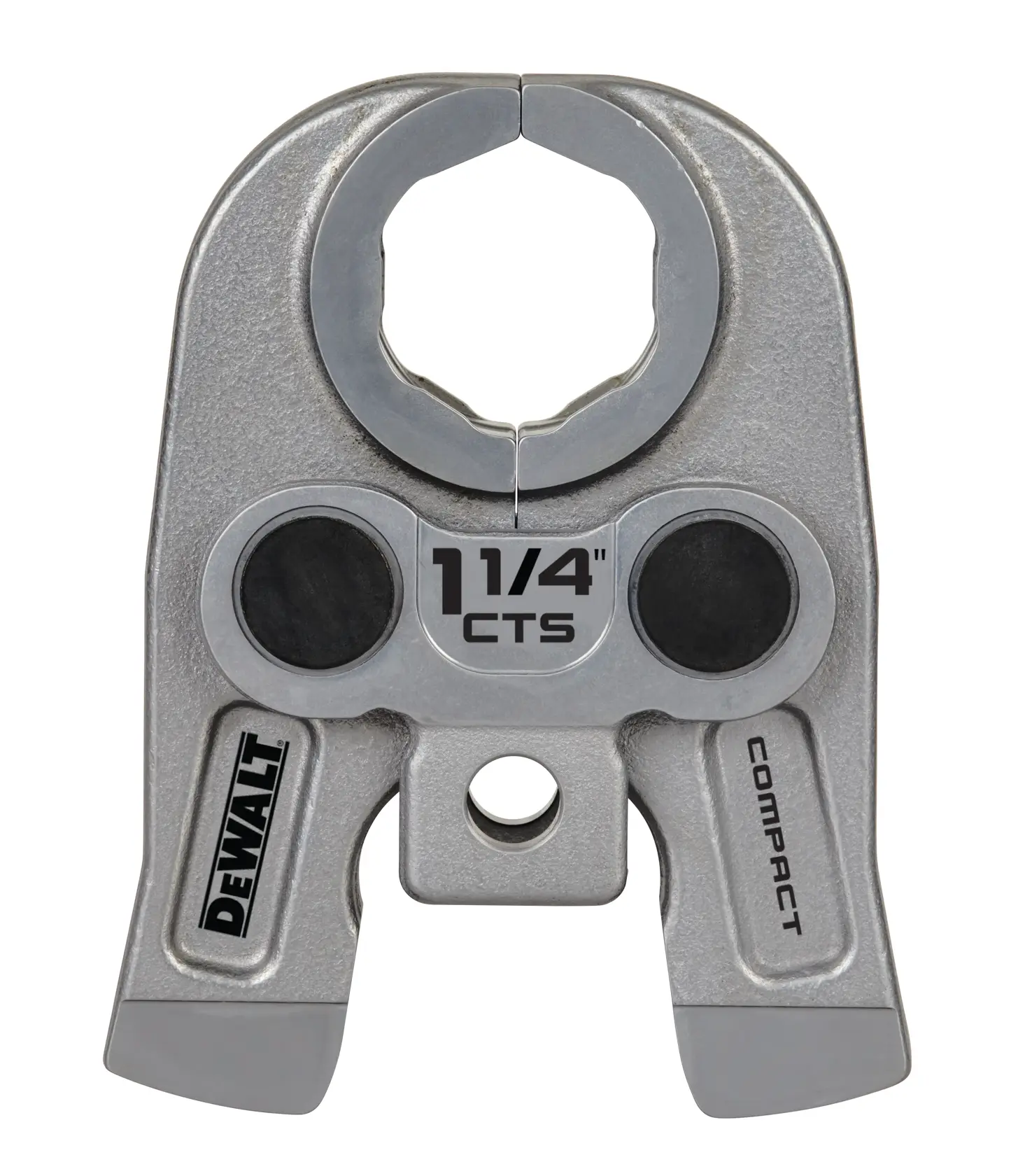 Close-up of a DEWALT compact pressing jaw tool, labeled 1 1/4 CTS, designed for pipe fitting and plumbing applications.