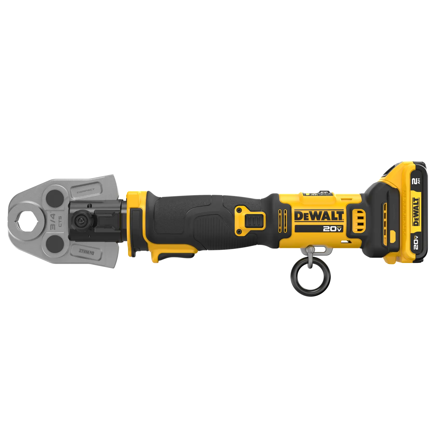 A DEWALT 20V cordless press tool with a yellow and black design, showing a compact metal jaw and ergonomic handle.