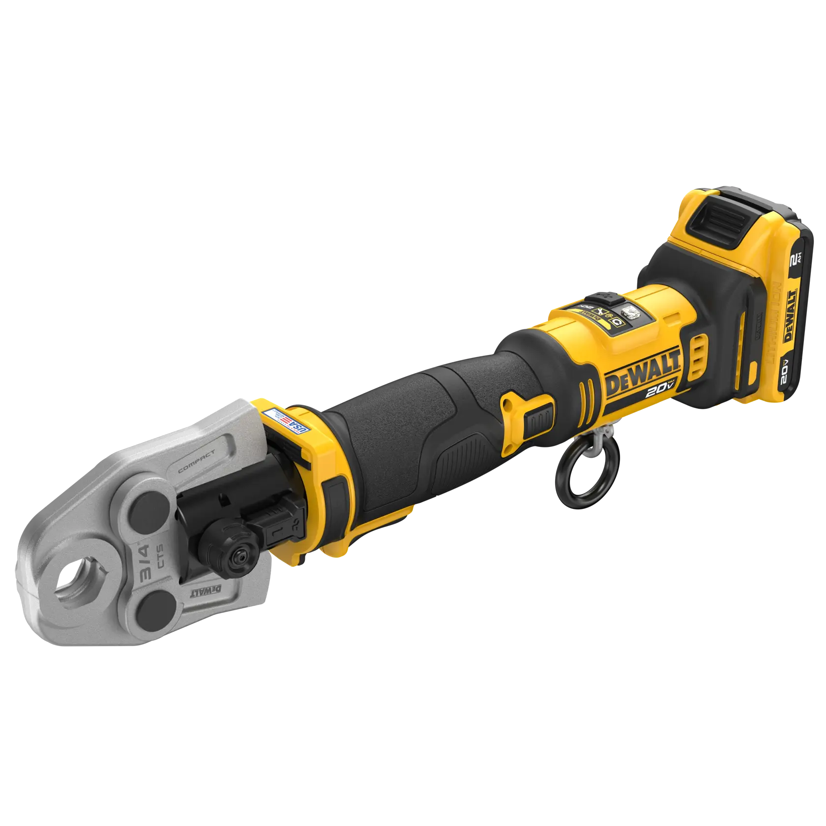 A DEWALT 20V cordless pressing tool with a yellow and black body, ergonomic grip, and a compact pressing head, model DCE210D2K, designed for use with metal pipes and fittings.