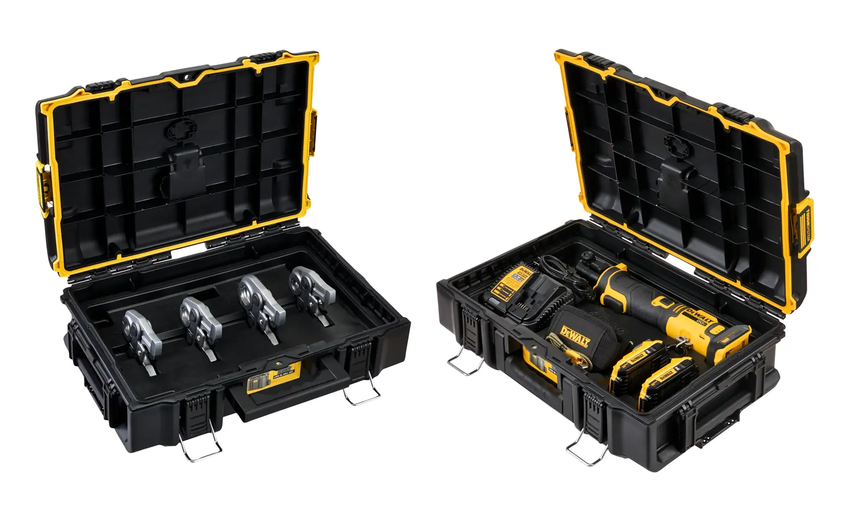 A DEWALT 20V cordless compact press tool, featuring a yellow and black ergonomic handle and a metal pressing head, designed for pipe fitting and plumbing tasks.