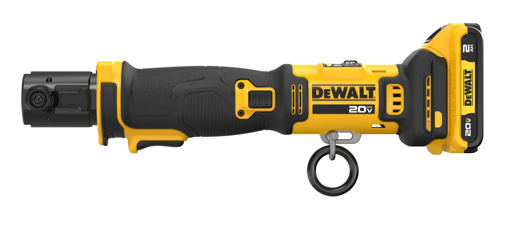 A DEWALT branded 20V cordless electric tool with a black and yellow body, ergonomic grip, and a ring attachment. The tool appears to be designed for specific plumbing or industrial applications.