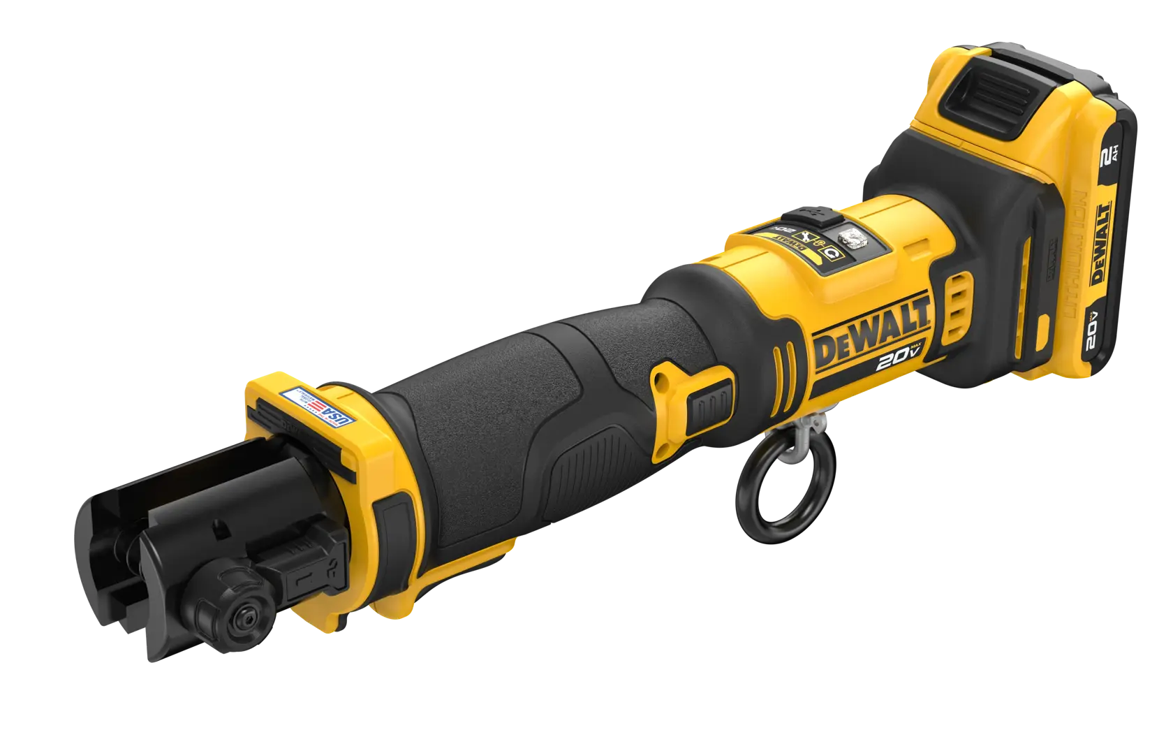 A DEWALT 20V cordless pipe cutter tool with a yellow and black design, featuring a battery pack at the rear and a ring loop attached to the handle.