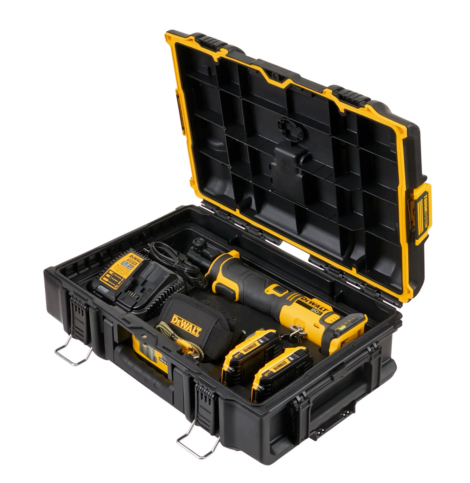 A DEWALT 20V cordless inspection camera tool with a yellow and black design, featuring a battery pack attached at the rear, a textured grip, and a camera head at the front.