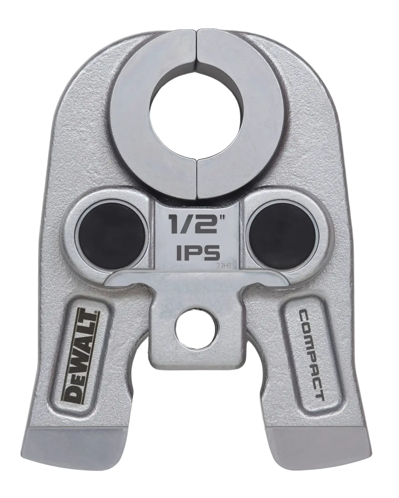 A close-up of a DEWALT compact 1/2 inch IPS pressing jaw attachment, made of metal, used for pressing pipe fittings in plumbing applications. The brand and size are clearly labeled on the tool.