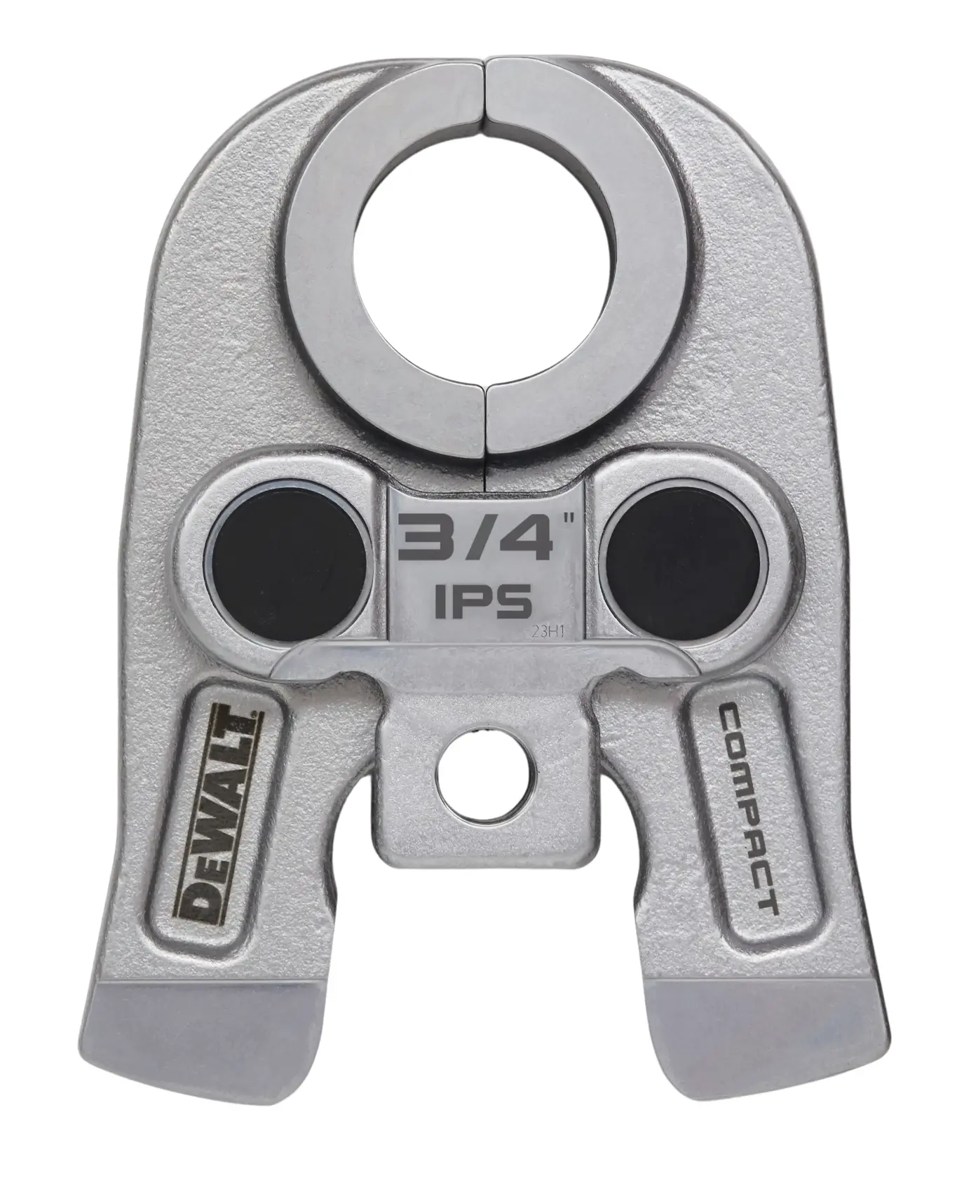 A close-up image of a DEWALT compact pipe press jaw tool labeled '3/4 IPS', designed for pipe fitting applications.