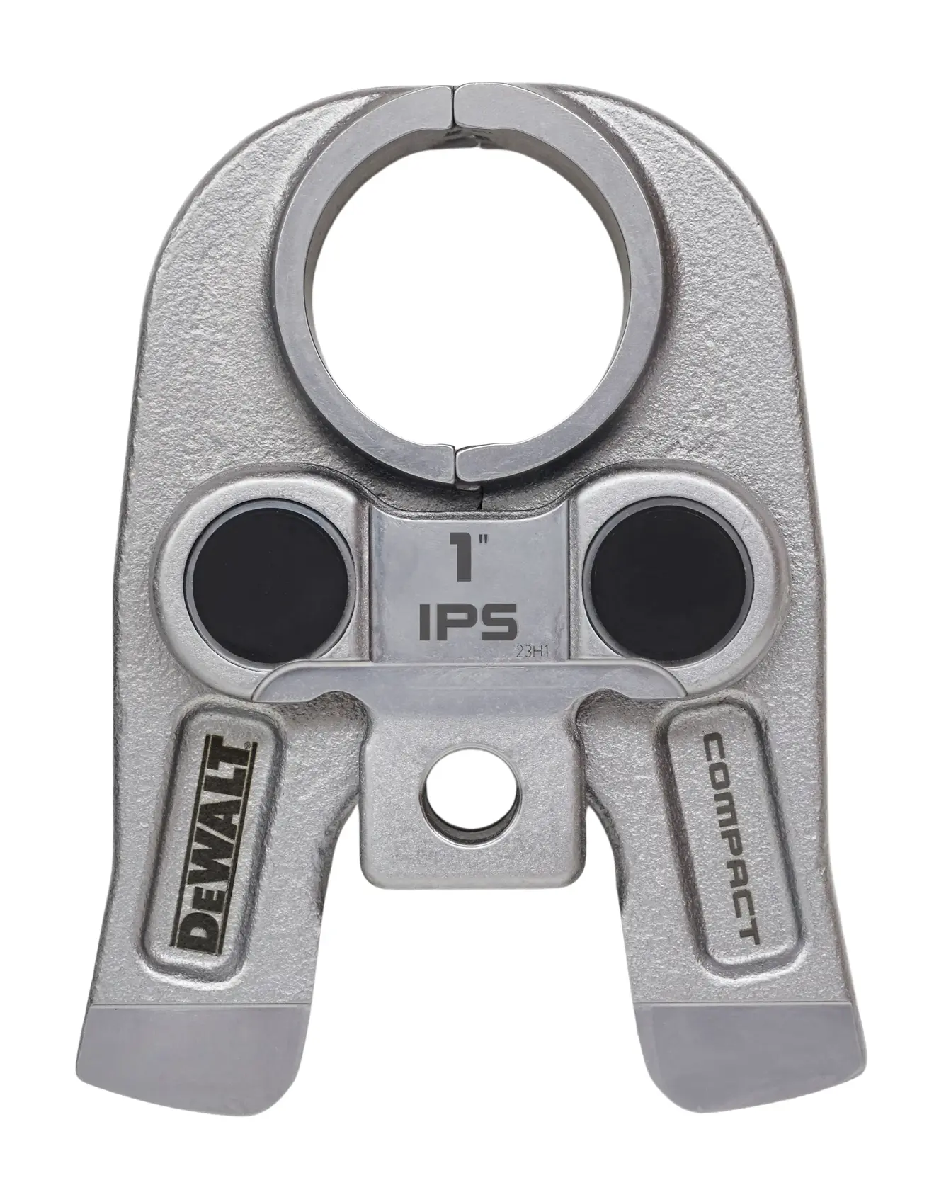 A DEWALT compact pipe press jaw for 1-inch IPS pipes, made of metal with the DEWALT and COMPACT logos engraved on the surface.