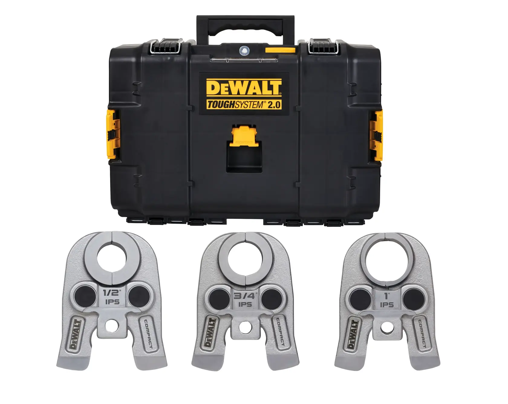 A DEWALT ToughSystem 2.0 black tool case with a handle, shown above three metallic pipe pressing jaws labeled 1/2", 3/4", and 1" IPS, all arranged on a white background.