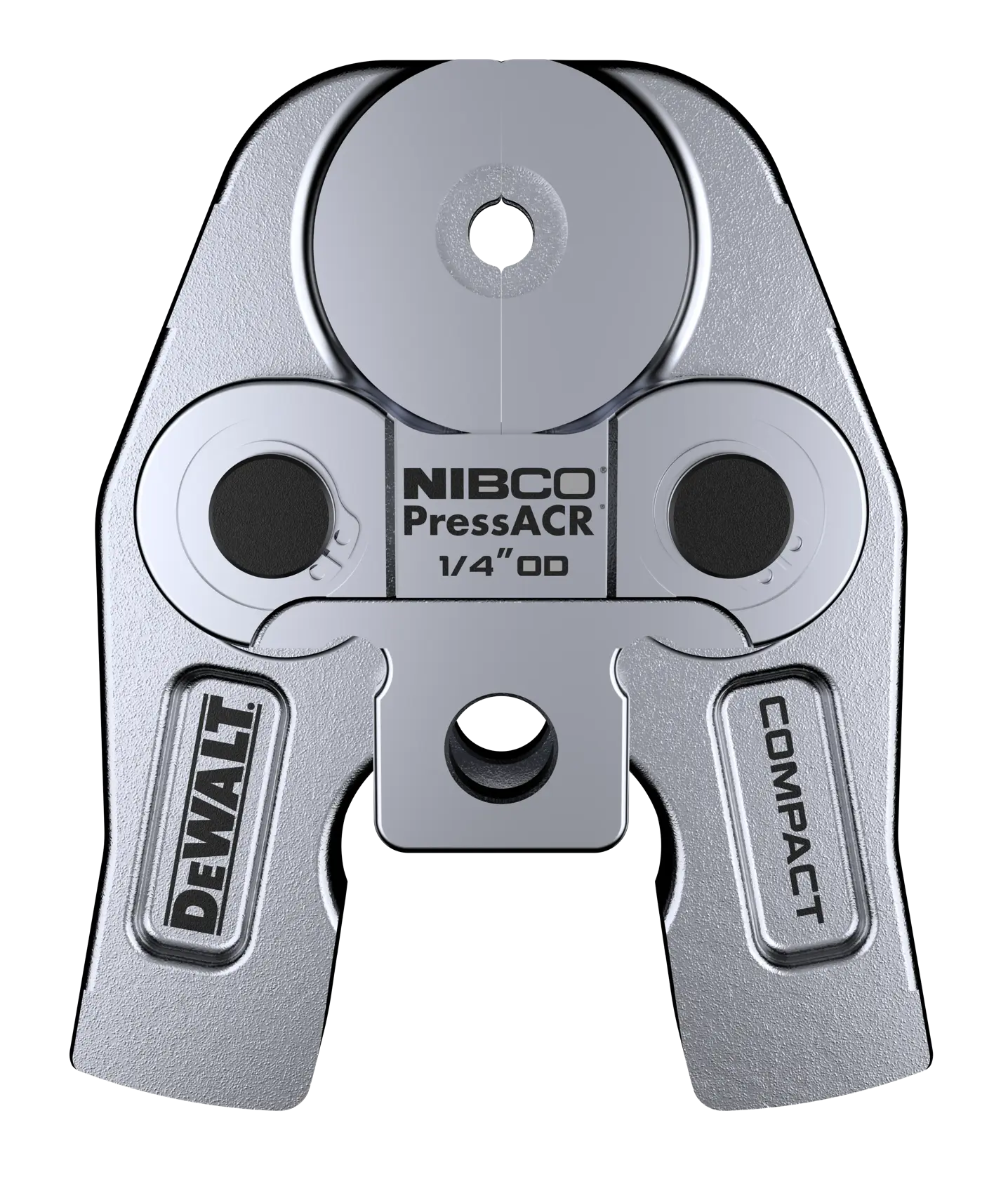 Close-up image of a DEWALT NIBCO PressACR 1/4" OD compact pressing jaw tool attachment, used for joining or crimping pipes in plumbing or HVAC applications. The words 'DEWALT', 'NIBCO PressACR 1/4" OD', and 'COMPACT' are visible on the metal surface.