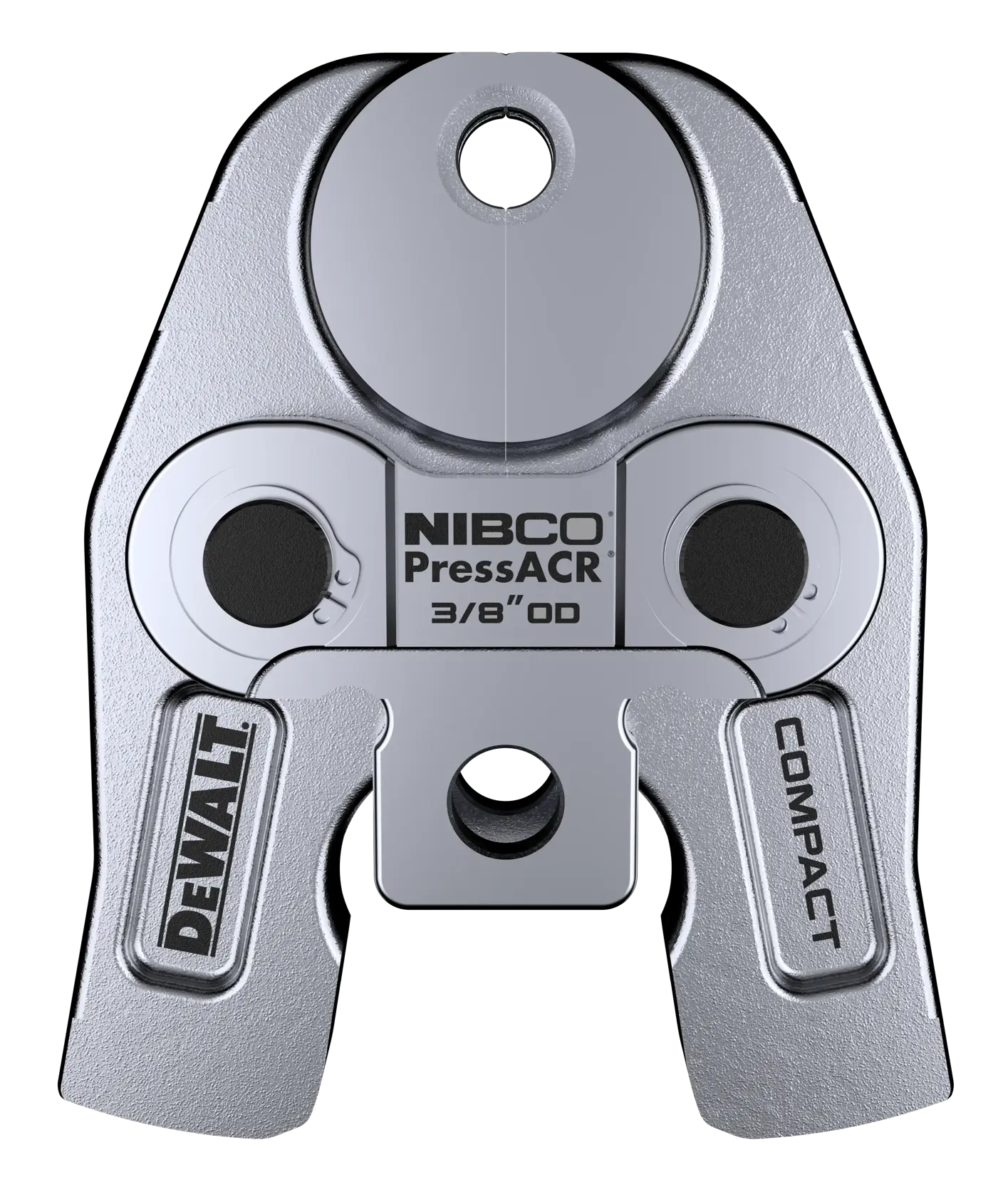 A close-up of a DEWALT compact press tool jaw labeled 'NIBCO PressACR 3/8" OD', made of metal, used for pipe fitting and crimping applications.