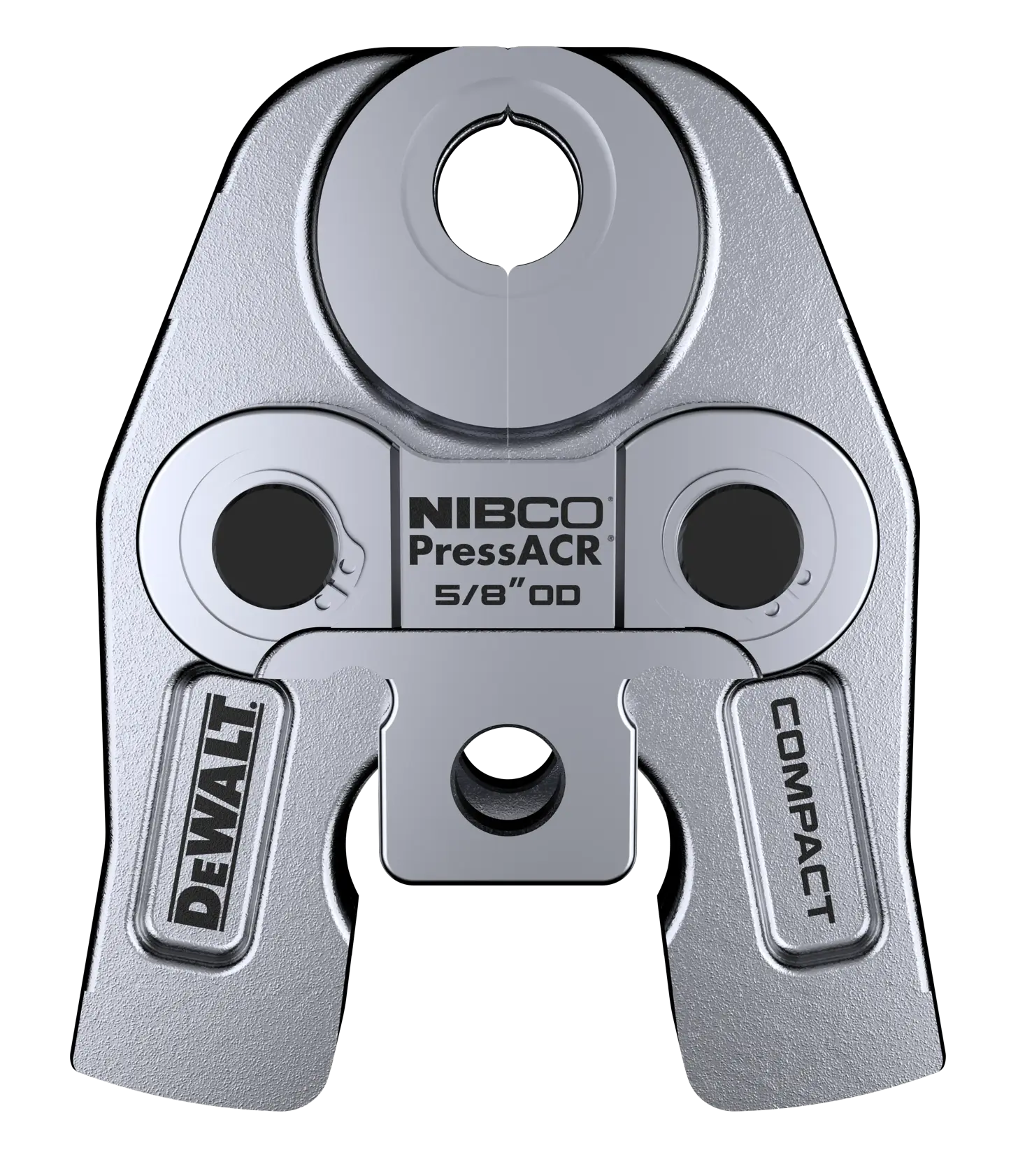A close-up image of a DEWALT NIBCO PressACR 5/8" OD compact press jaw, a metal plumbing tool attachment, displaying branded markings and a central circular opening.