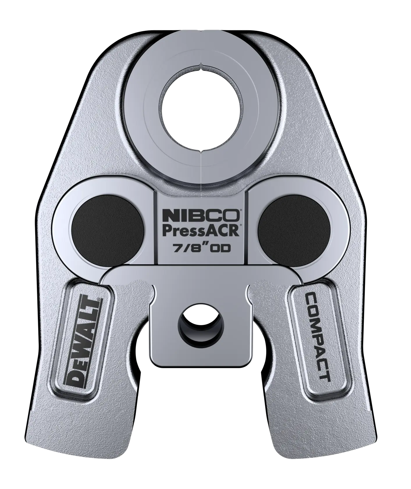 A close-up image of a DEWALT compact pressing jaw for NIBCO PressACR, sized 7/8 inch OD. The tool is metallic and has product branding and specifications clearly visible.