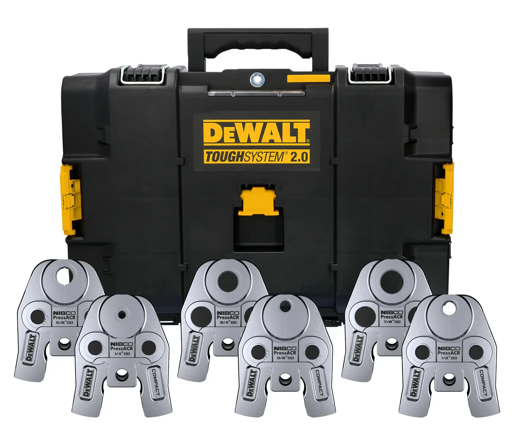 A DEWALT ToughSystem 2.0 hard carrying case with five metallic pipe press jaw attachments labeled Nibco PressACR, arranged in front of the case.