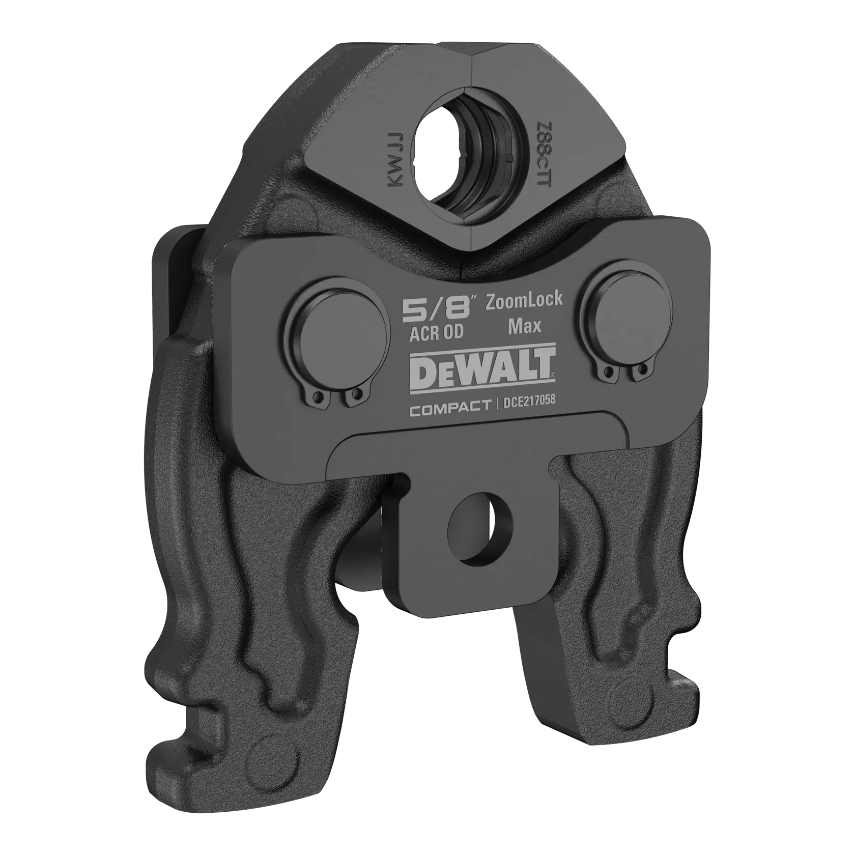 A DEWALT compact ZoomLock jaw attachment for pipe pressing, labeled 5/8-inch ACR OD Max, model DCE217058. The tool is black and designed for use with compatible pipe pressing equipment.
