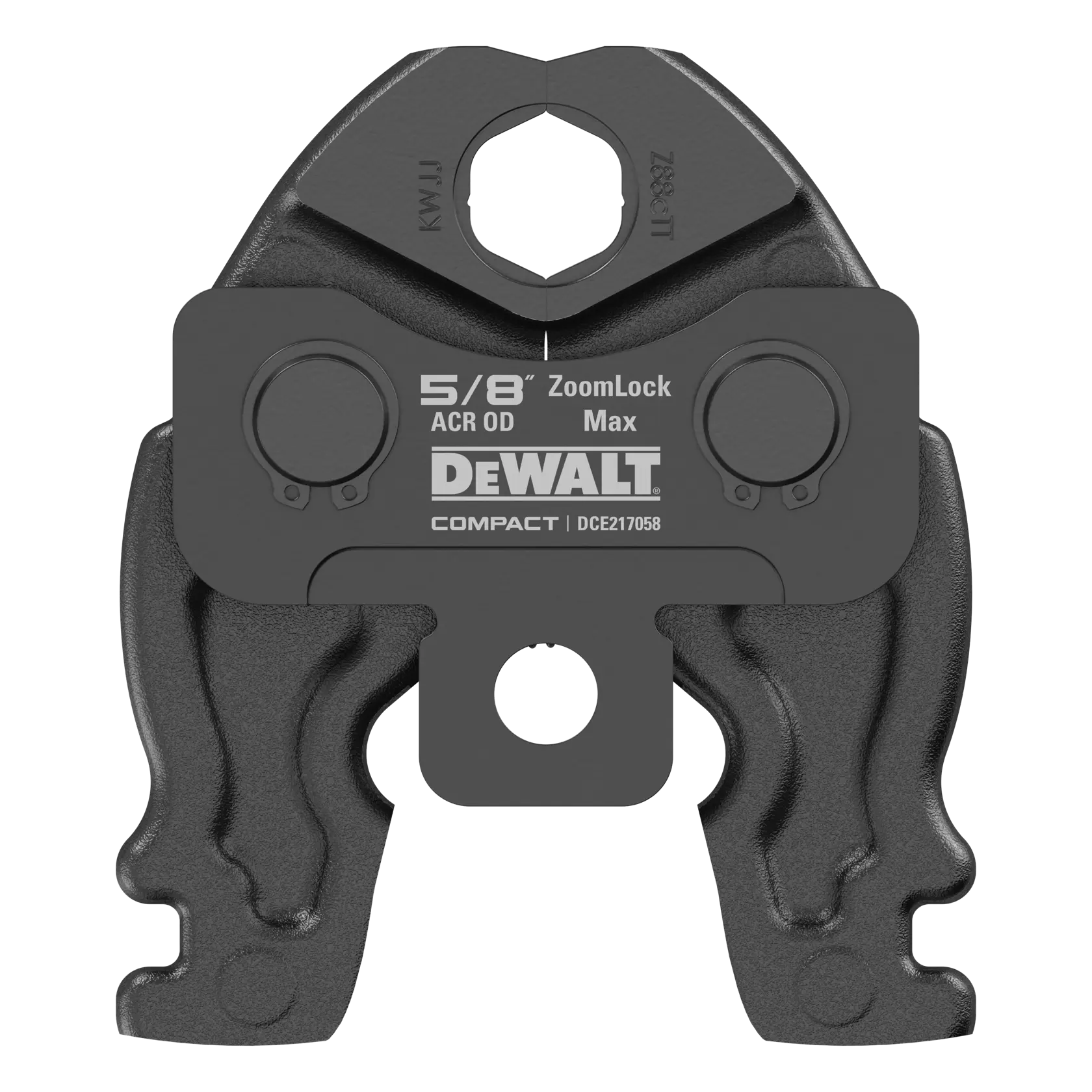 Close-up view of a DEWALT ZoomLock Max Compact pressing jaw tool for pipes, model DCE217058, labeled for 5/8 inch ACR OD.