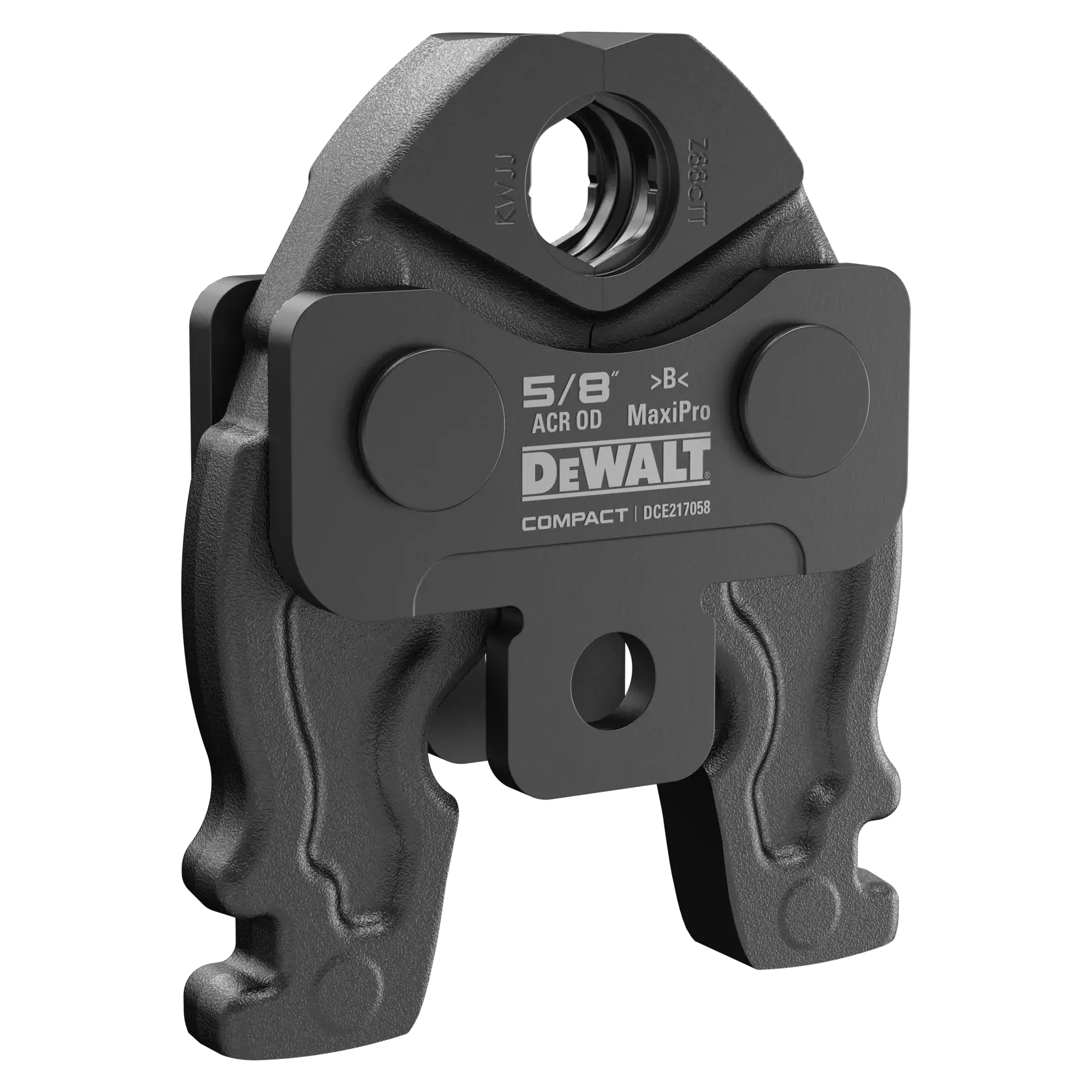 DEWALT branded compact press jaw tool attachment, model DCE217058, designed for 5/8 inch ACR OD MaxiPro pipe fitting applications. The image shows a close-up view of the black metal component.