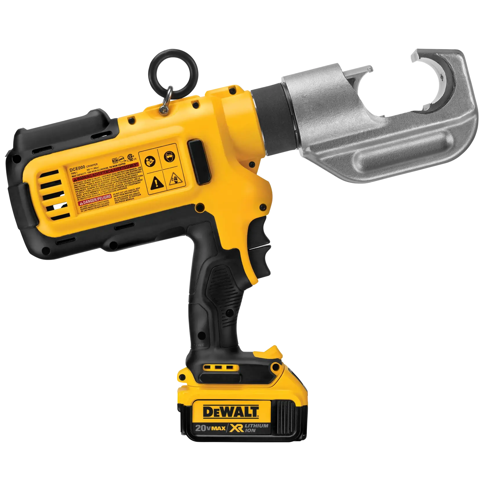A DEWALT-branded yellow and black cordless battery-powered crimping tool with a metal head attachment, used for compressing electrical connectors.
