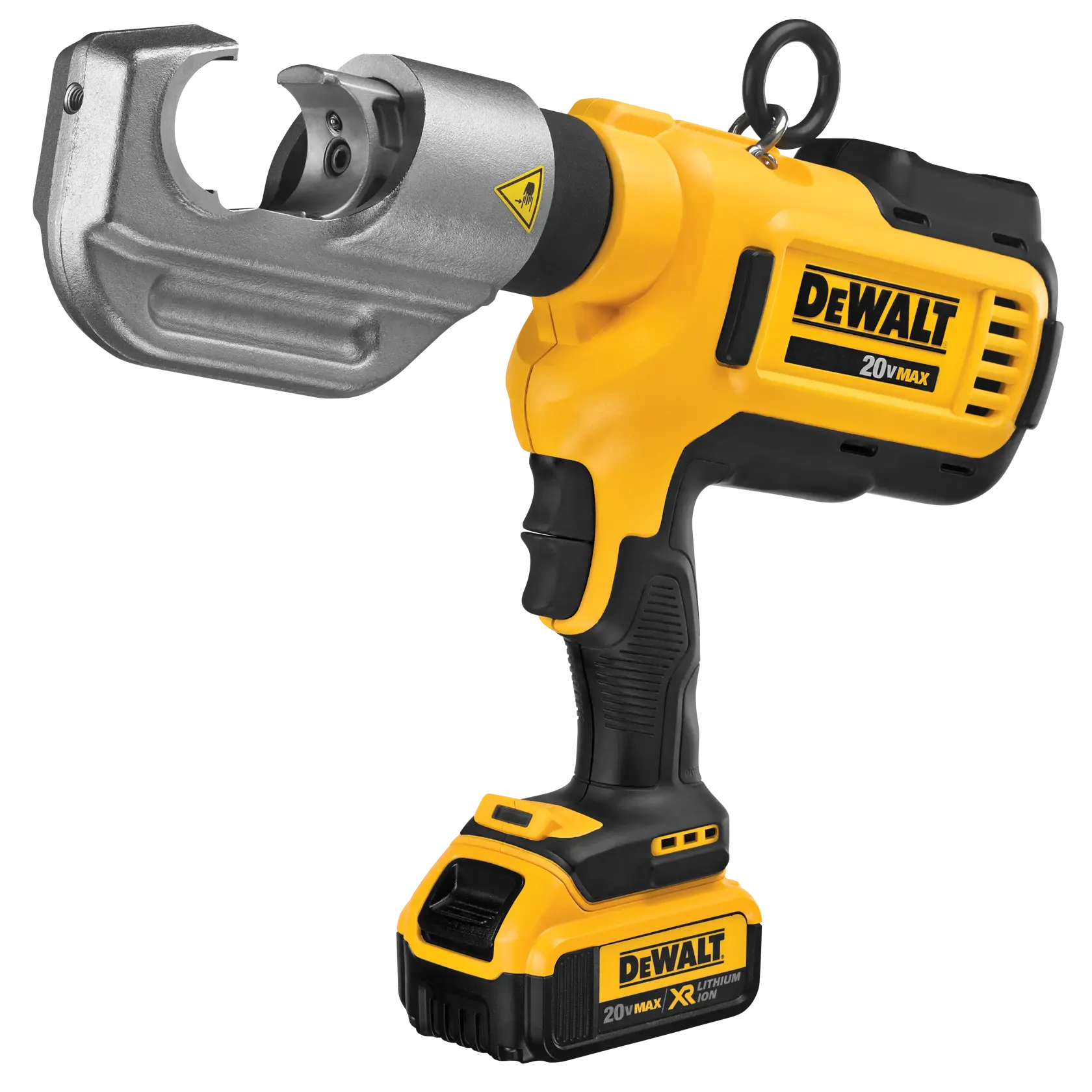 A yellow and black DEWALT 20V MAX cordless crimping tool with a metal head and ergonomic handle.