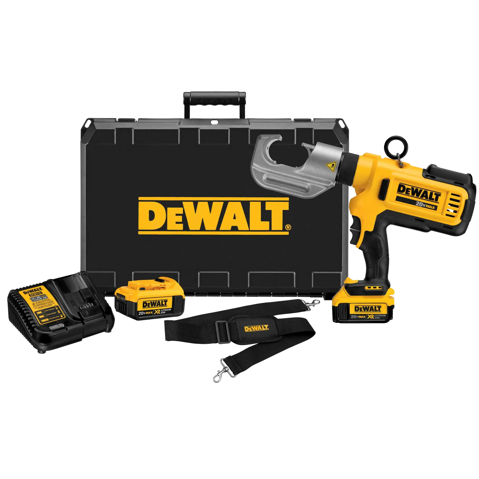 DEWALT 20V MAX hydraulic crimping tool kit with carrying case, two batteries, charger, and strap displayed in front of a black DEWALT-branded case.