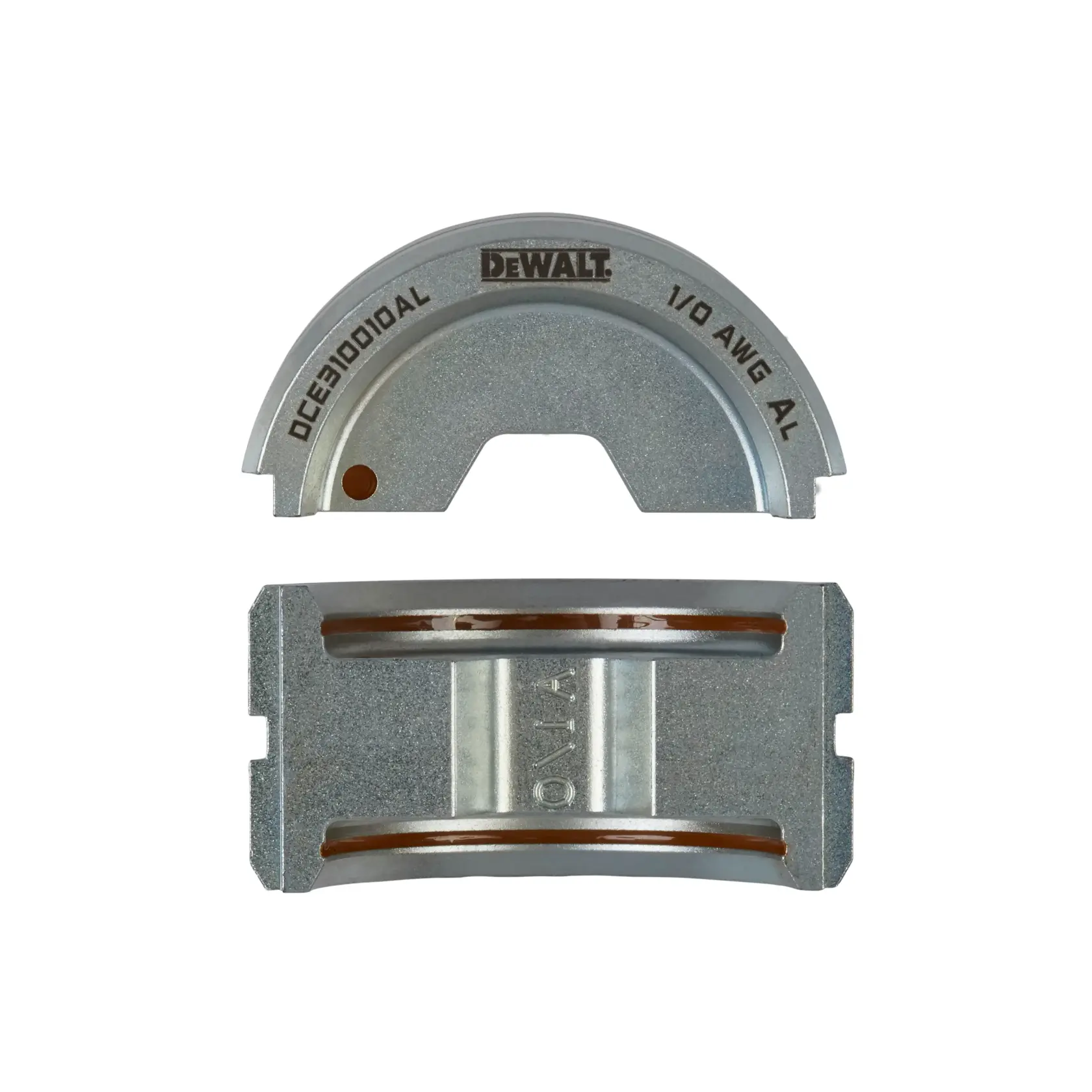DEWALT metal crimping die set with SKU DCE310010AL for 1/0 AWG aluminum wire, showing two parts with engraved labeling.