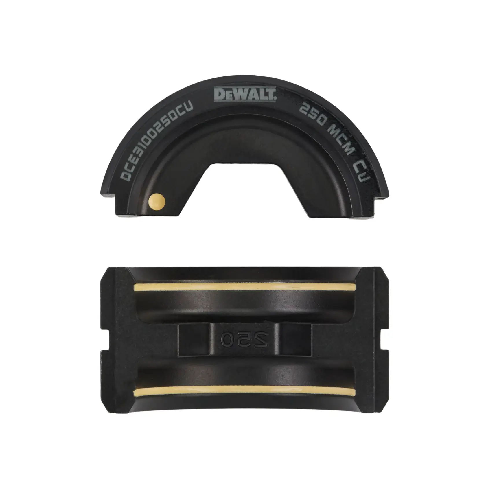 A DEWALT branded black die set for a cable crimping tool, model DCE3100250CU, designed for 250 MCM copper cables, showing both the top and bottom parts of the die.