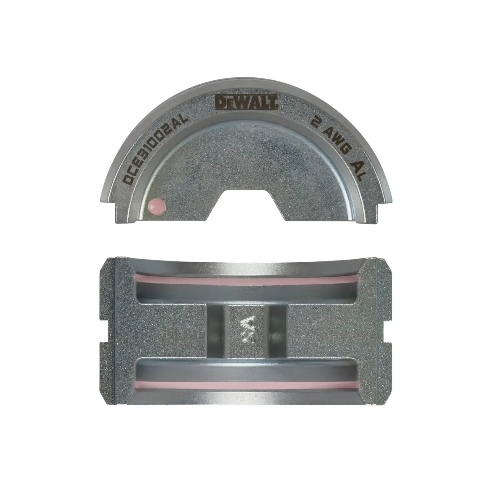 Metal die set for cable crimping, branded DEWALT, labeled DCE31002AL and 2 AWG AL, shown in two parts with silver finish.