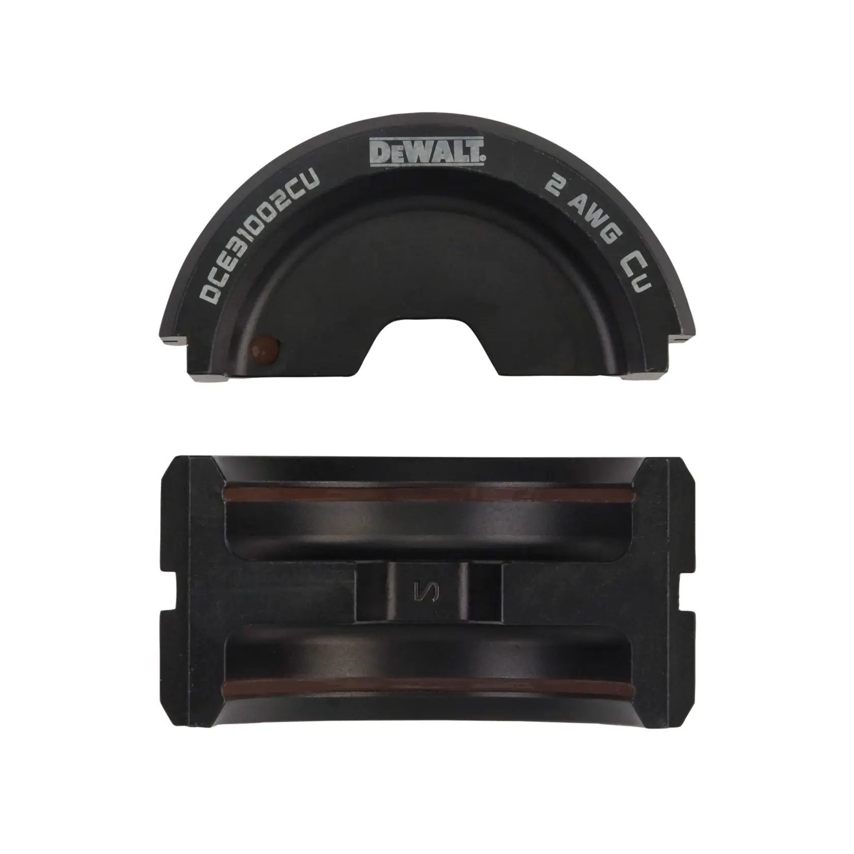 Image shows two black DEWALT crimping die parts labeled DCE31002CU for 2 AWG copper wiring. The top part is semi-circular with engraved text, and the bottom part has two parallel grooves.