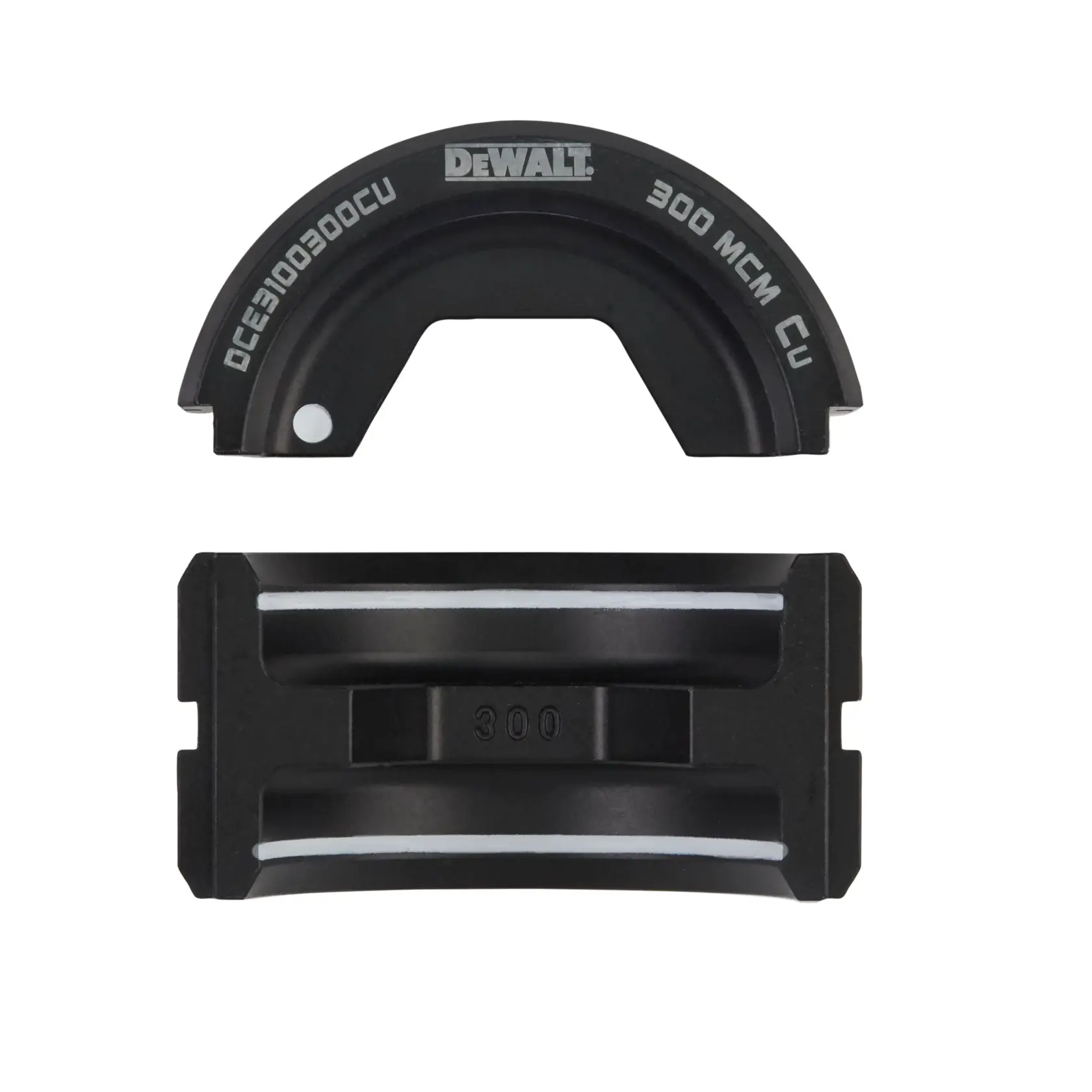 A pair of black DEWALT cable crimping dies labeled with 'DCE3100300CU' and '300 MCM CU,' showing a curved and a rectangular component used for cable crimping applications.
