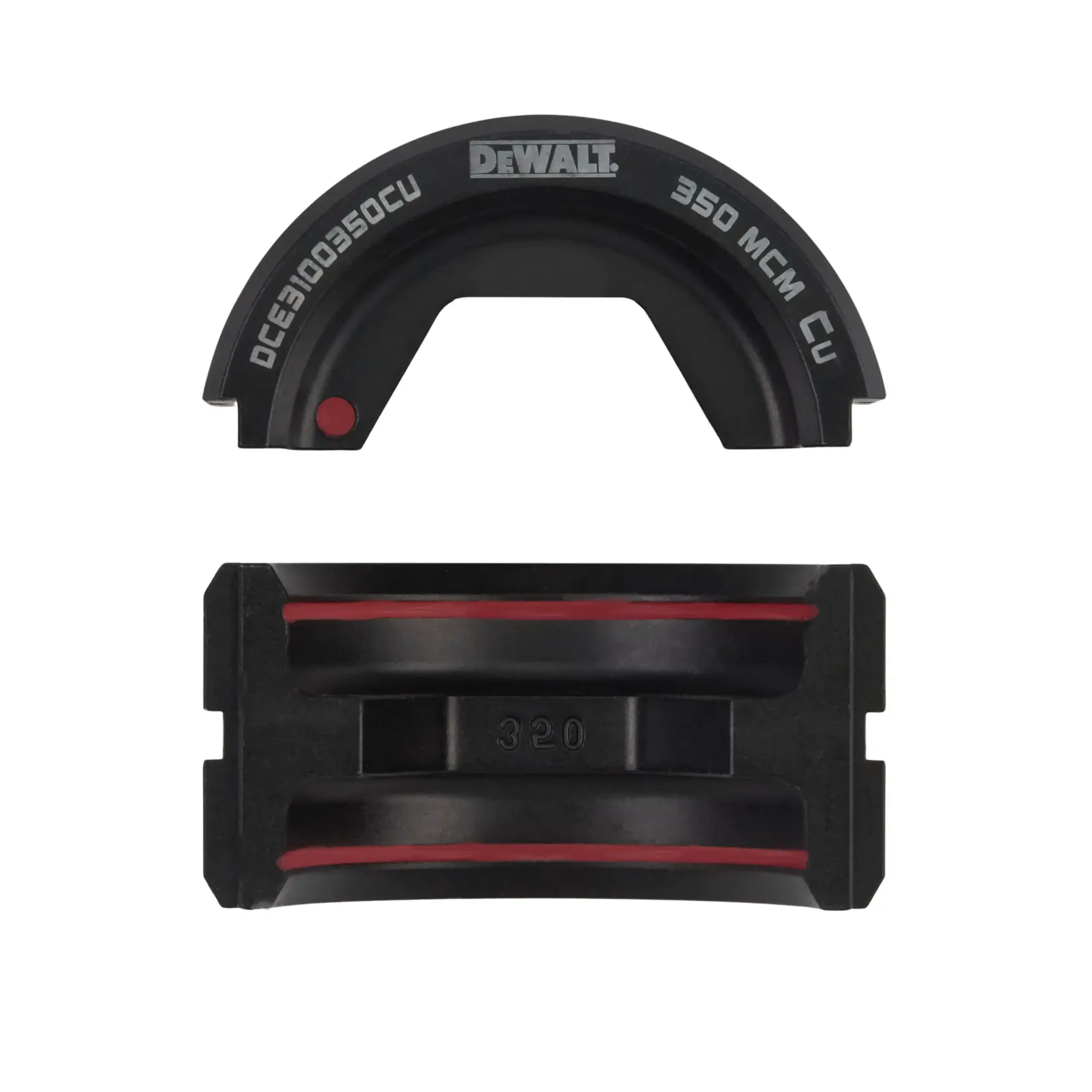 A DEWALT DCE3100350CU cable crimping die set, shown from the top and side views. The die set is black with visible labeling for 350 MCM CU and red accents.
