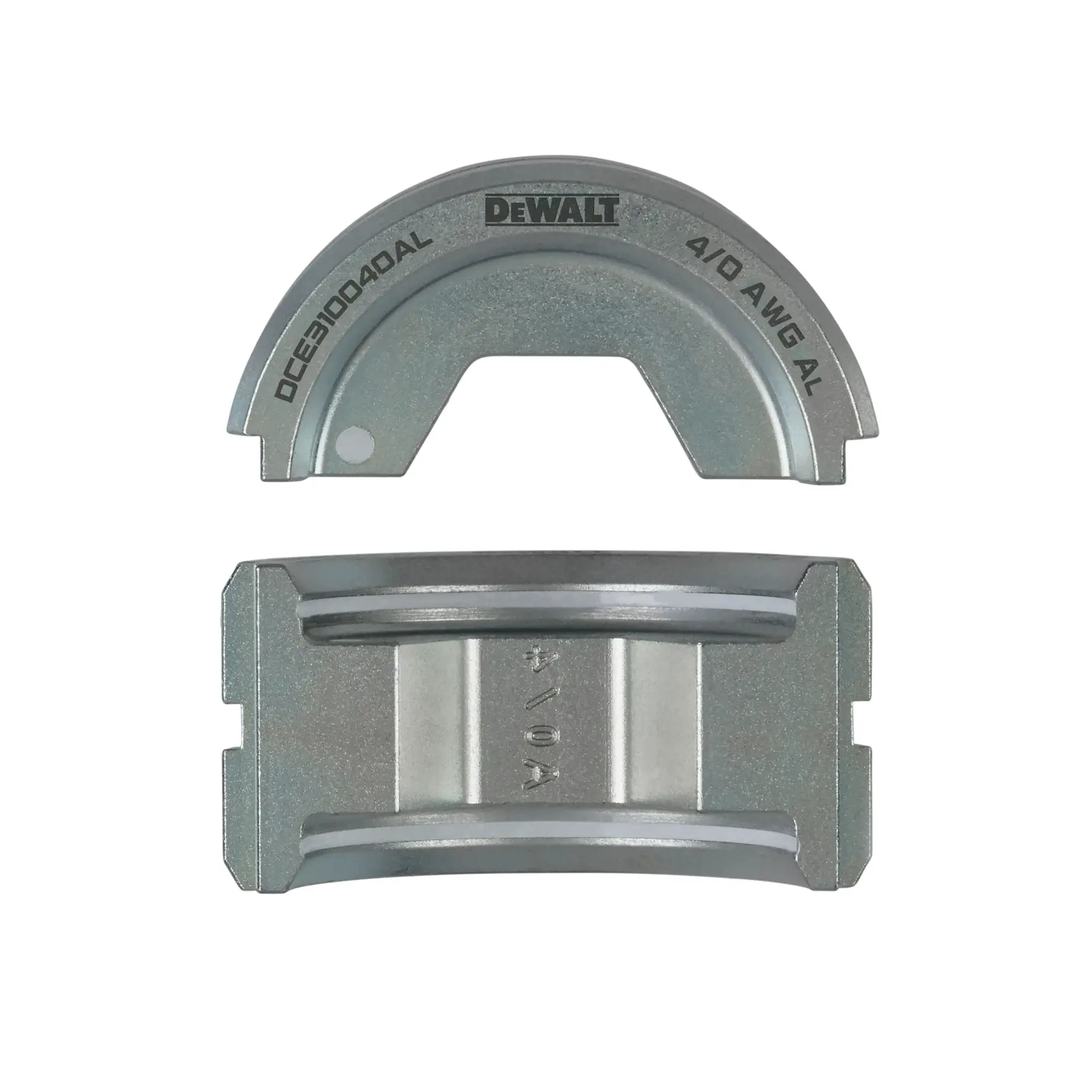 Two metallic bending die components for DEWALT, labeled with DCE310040AL and 4/0 AWG AL, shown from top and side views on a white background.