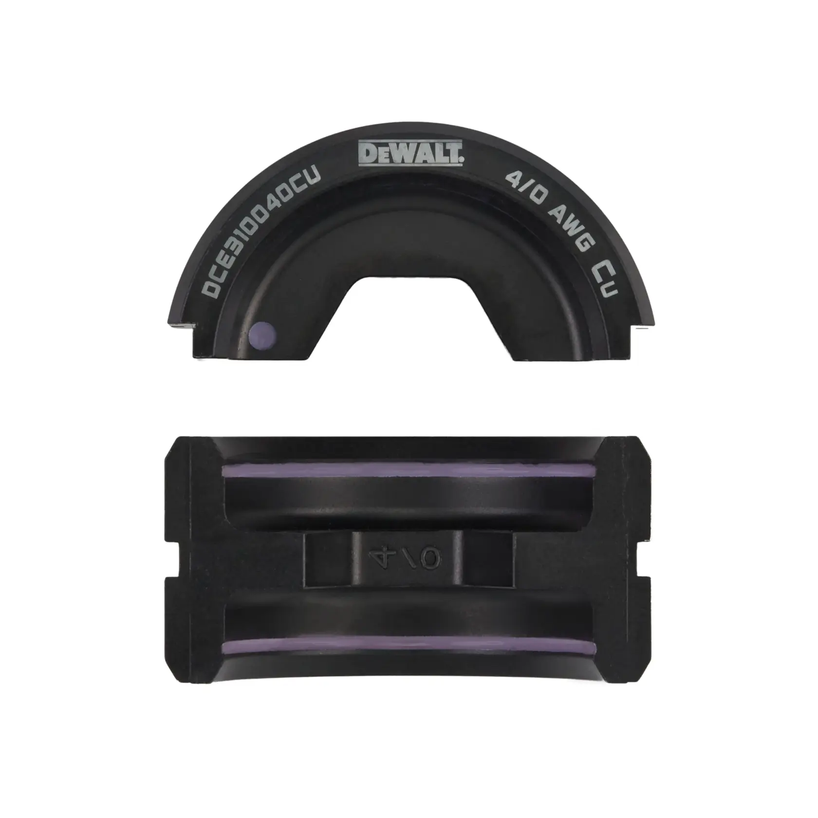 A DEWALT branded black wire crimping die set, model DCE310040CU, designed for 4/0 AWG copper cables. The set consists of two matching curved die components.