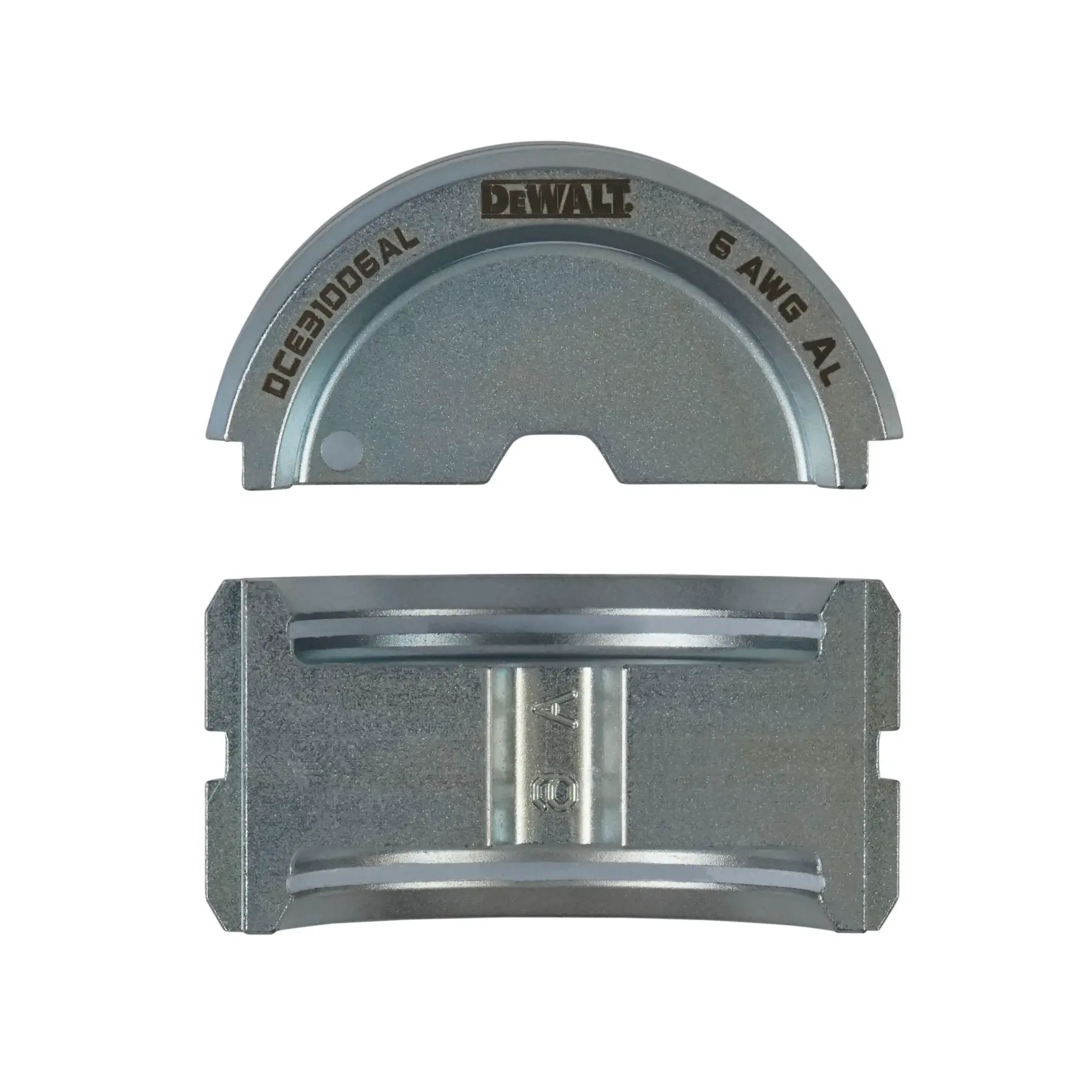 Two metallic semi-circular die components for a DEWALT tool, model DCE31006AL, designed for crimping or cutting 6 AWG aluminum wire.
