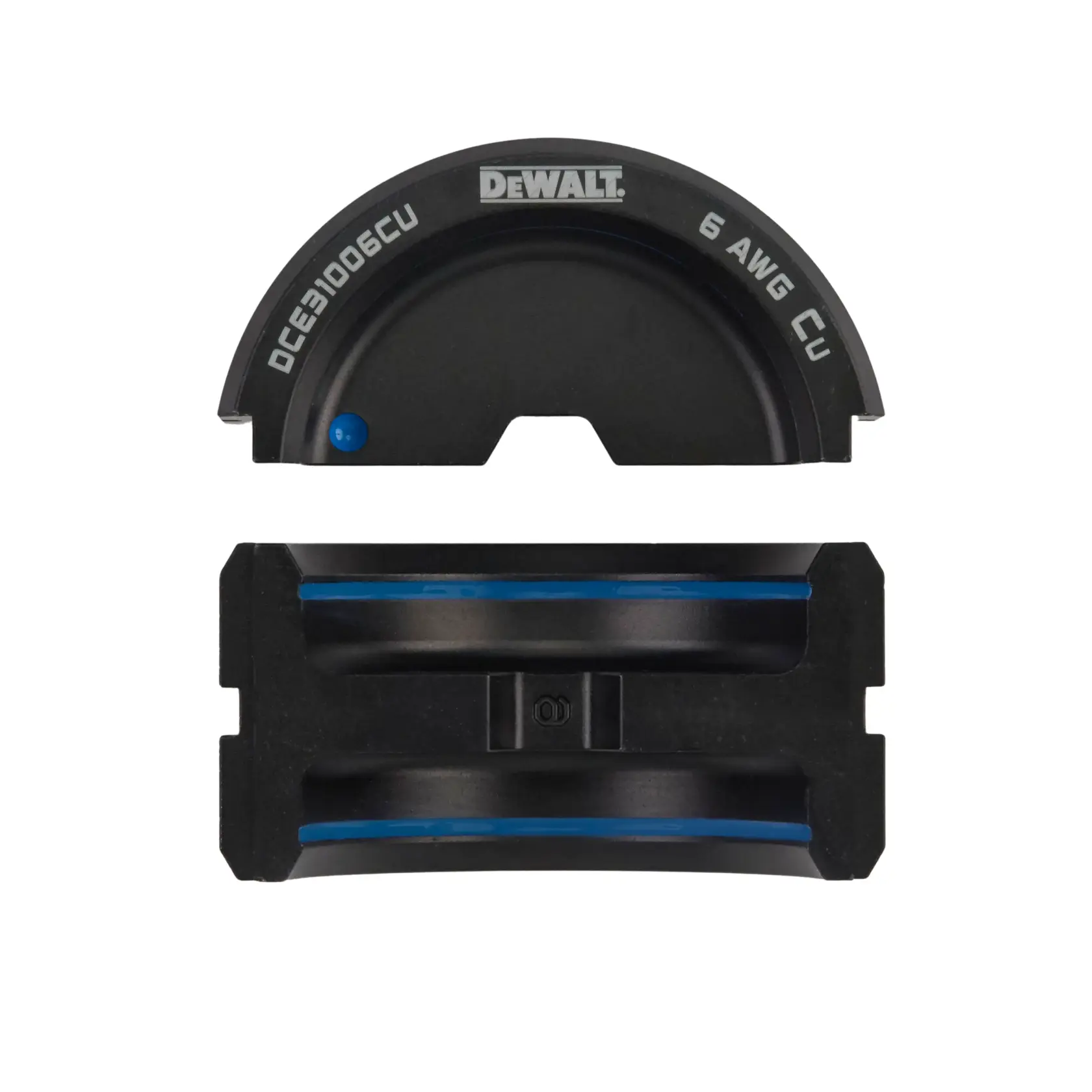 A close-up image of a DEWALT branded black accessory part with the SKU DCE31006CU and the marking '6 AWG CU'. The part is shown from both the top and the side, featuring curved and grooved elements.