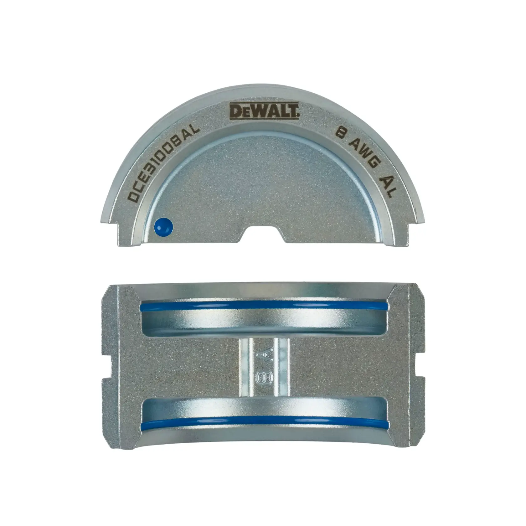 A DEWALT branded aluminum wire bending die set, shown from above. The die is labeled with DCE31008AL and 8 AWG AL, indicating it is designed for bending 8-gauge aluminum wire.