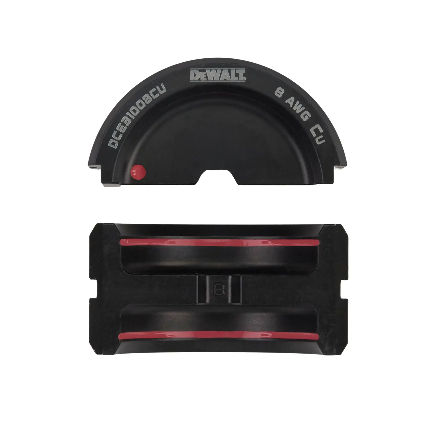 A DEWALT branded black photography accessory with SKU DCE31008CU, featuring two parts. The top part is a semi-circular piece labeled '8 AWG CU', and the bottom part is a rectangular component with grooves and red accents.