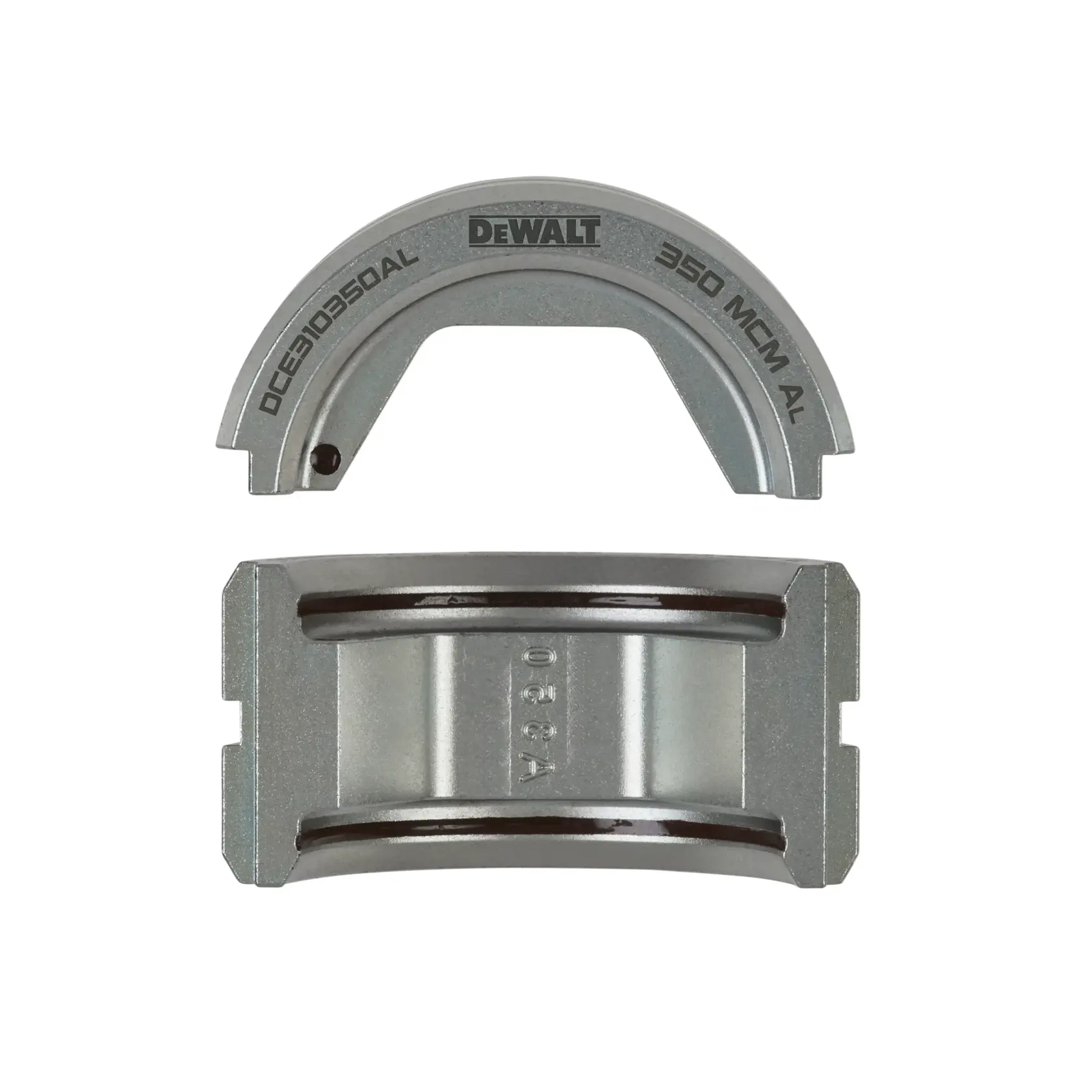 A DEWALT branded metal crimping die labeled DCE310350AL and 350 MCM AL. The die consists of two separate silver metal pieces with engraved text, used for crimping aluminum wire or cable.