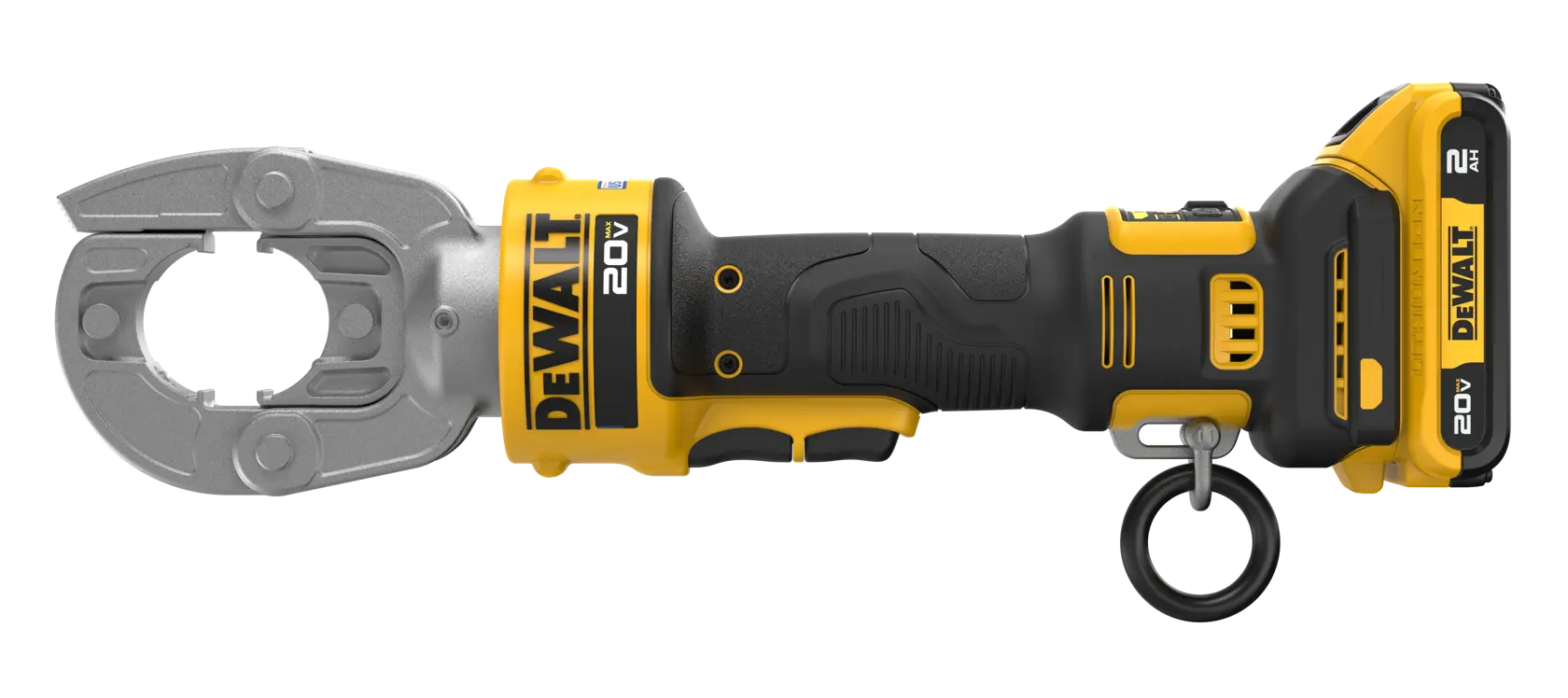 DEWALT 20V cordless cable cutter tool with a black and yellow design, battery pack attached, and metal cutting head.