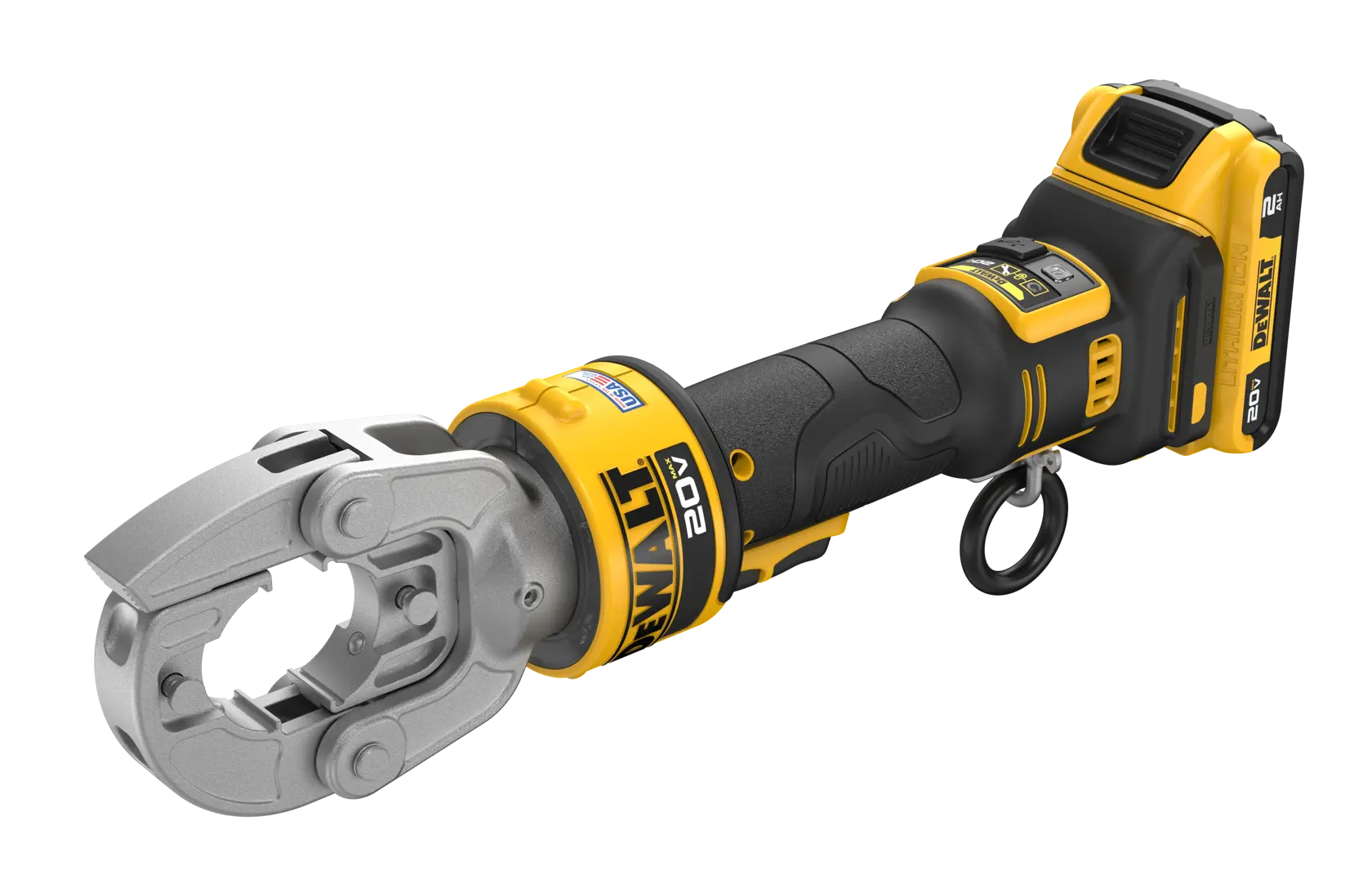 A DEWALT cordless battery-powered crimping tool, black and yellow, with a metallic jaw, suitable for electrical and industrial applications.