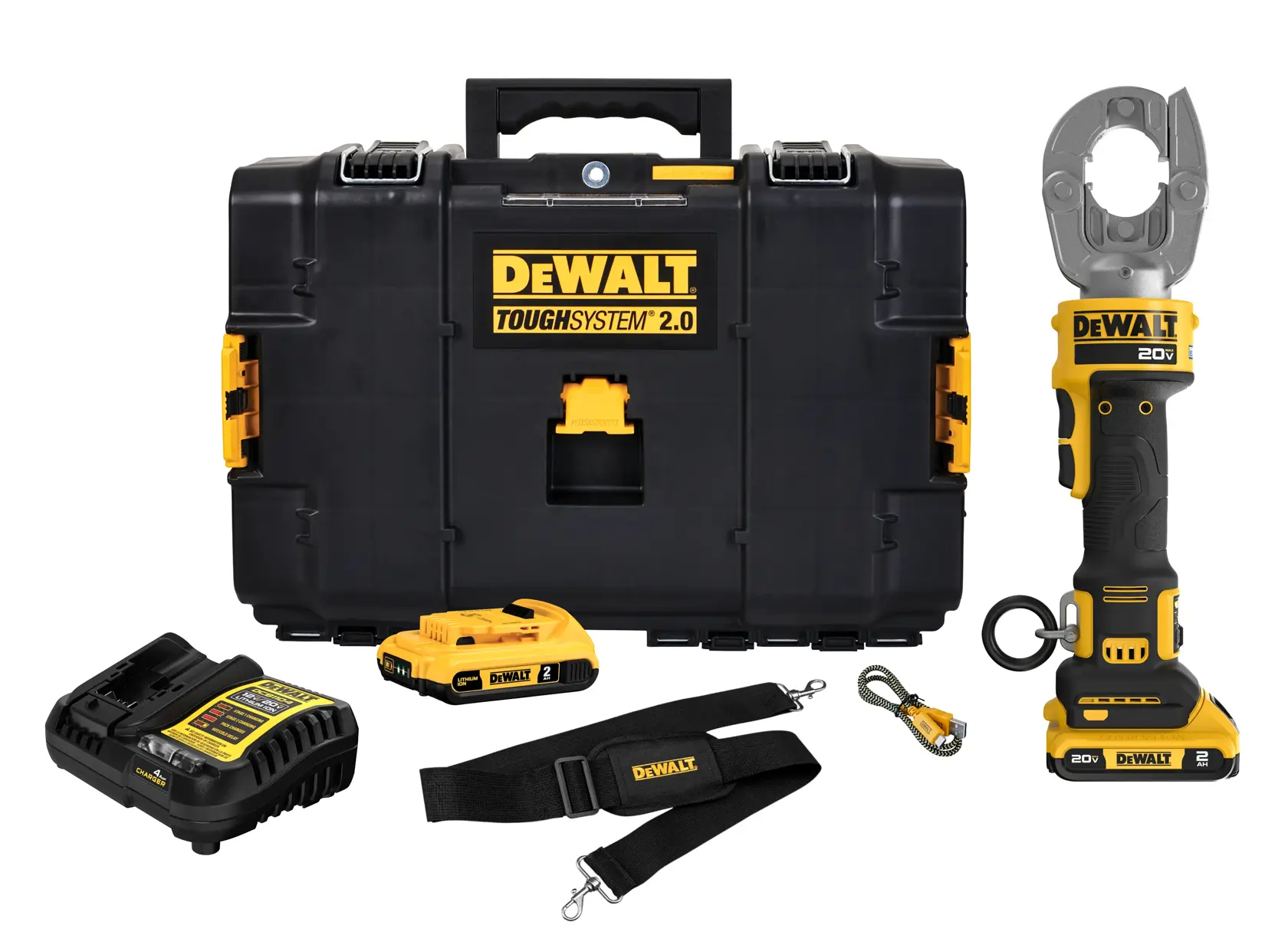 A DEWALT ToughSystem 2.0 tool kit including a black and yellow carrying case, a cordless tool with a cutting head, battery, charger, strap, and cable.
