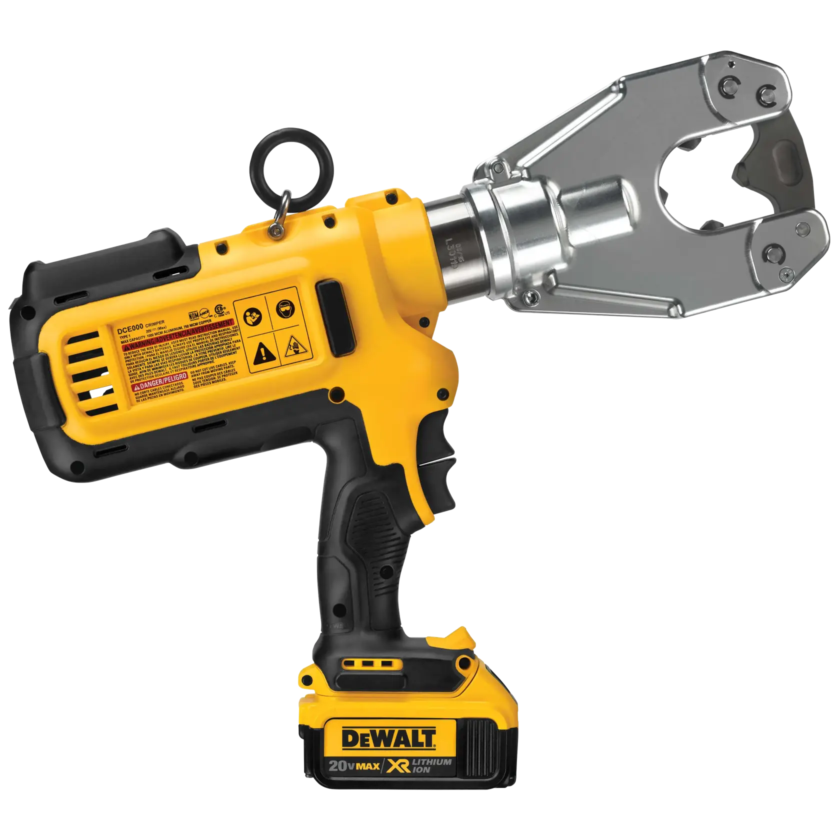A yellow and black DEWALT 20V Max XR lithium-ion cordless crimping tool, featuring a pistol grip design and a metallic crimp head, used for mechanical and electrical applications.