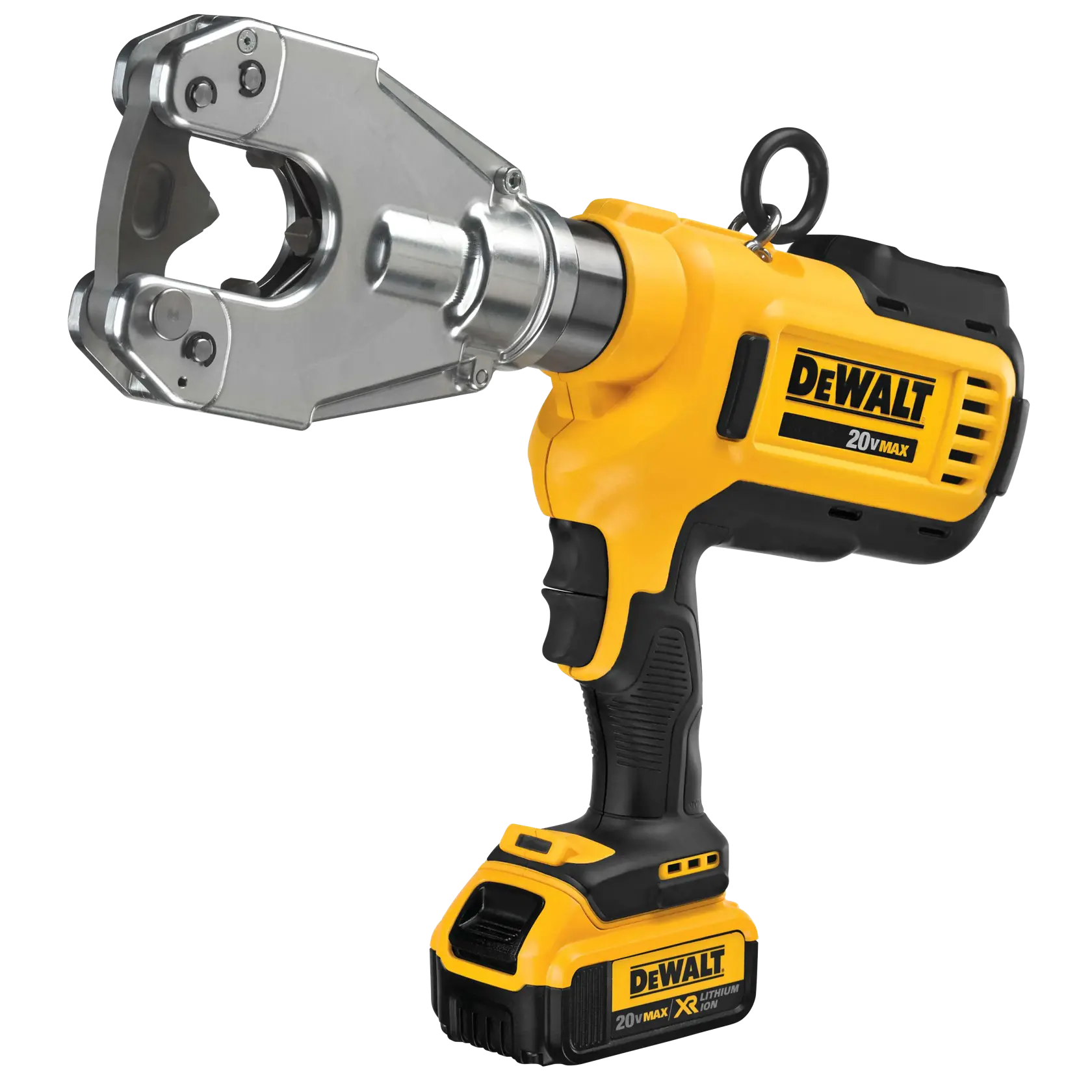 A DEWALT 20V MAX cordless hydraulic crimping tool, mainly used for crimping and connecting cables. The tool features a yellow and black design, a lithium-ion battery, and a robust metal jaw.