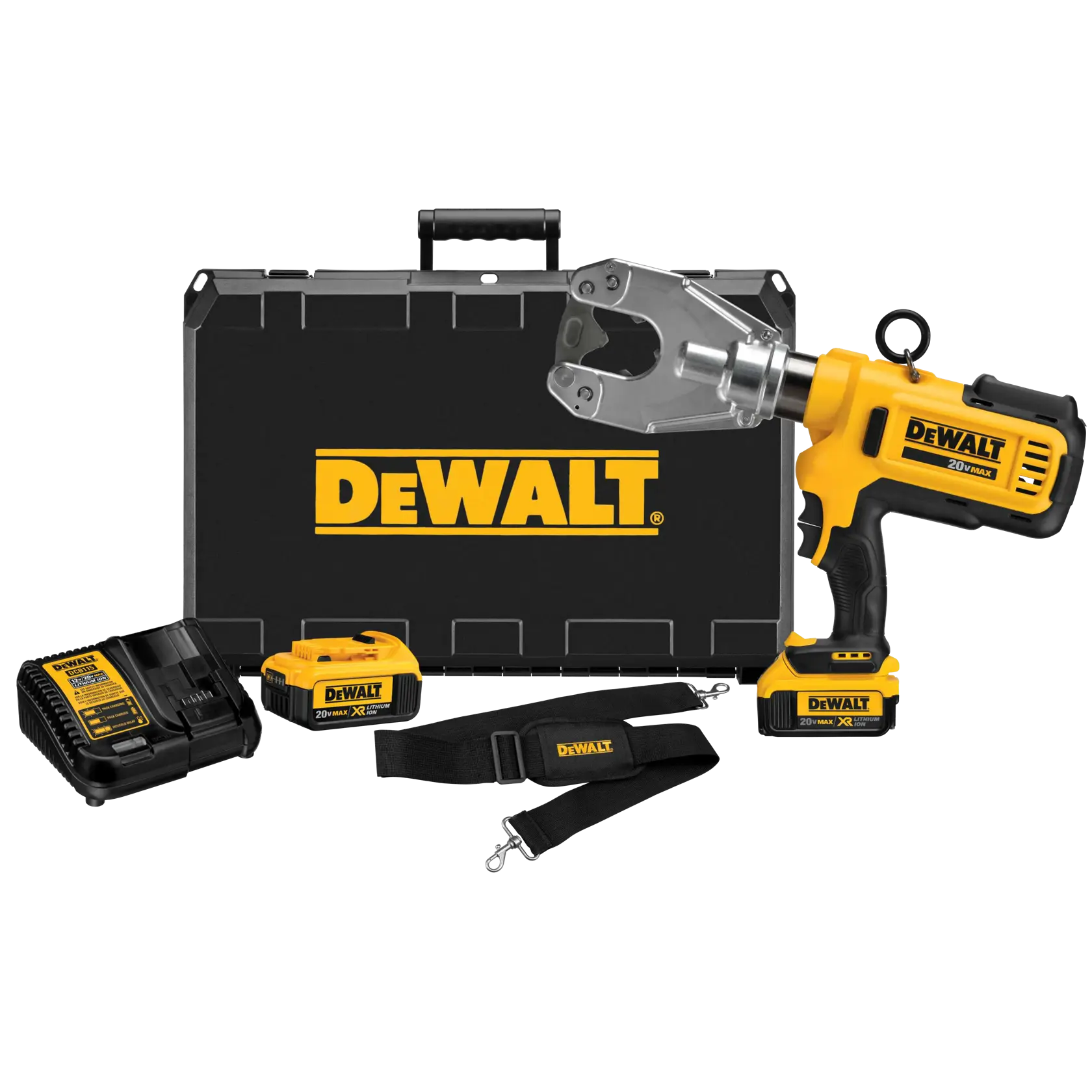 A DEWALT 20V MAX hydraulic crimping tool set with a yellow and black tool, hard carrying case, battery charger, two rechargeable batteries, and a black strap.
