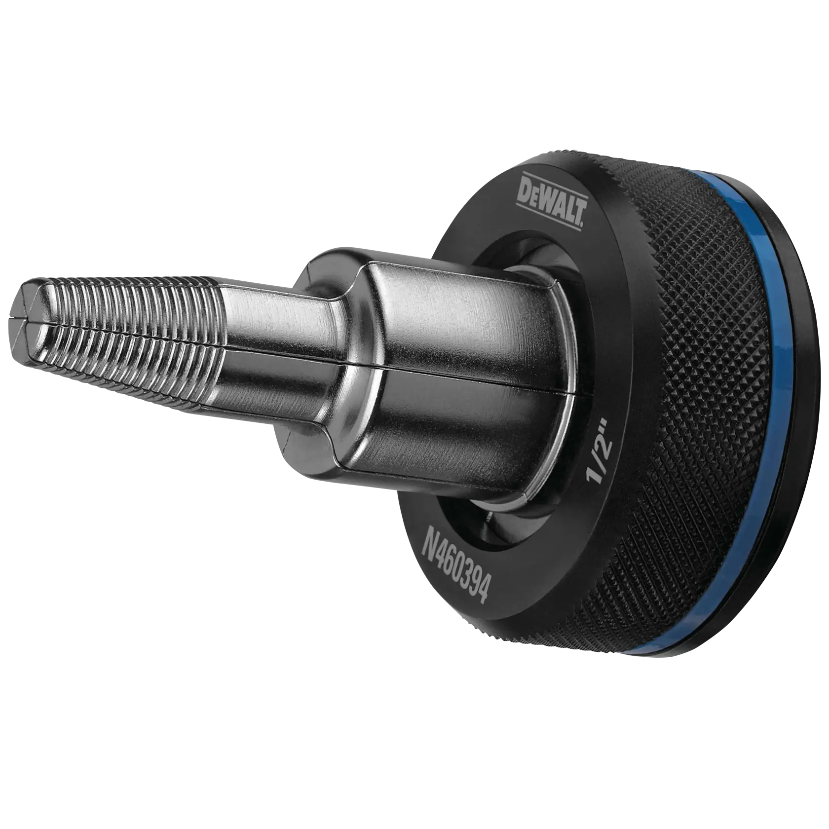 Close-up of a DEWALT pipe threader die head for a 1/2 inch pipe, showing detailed metal threading and textured grip.