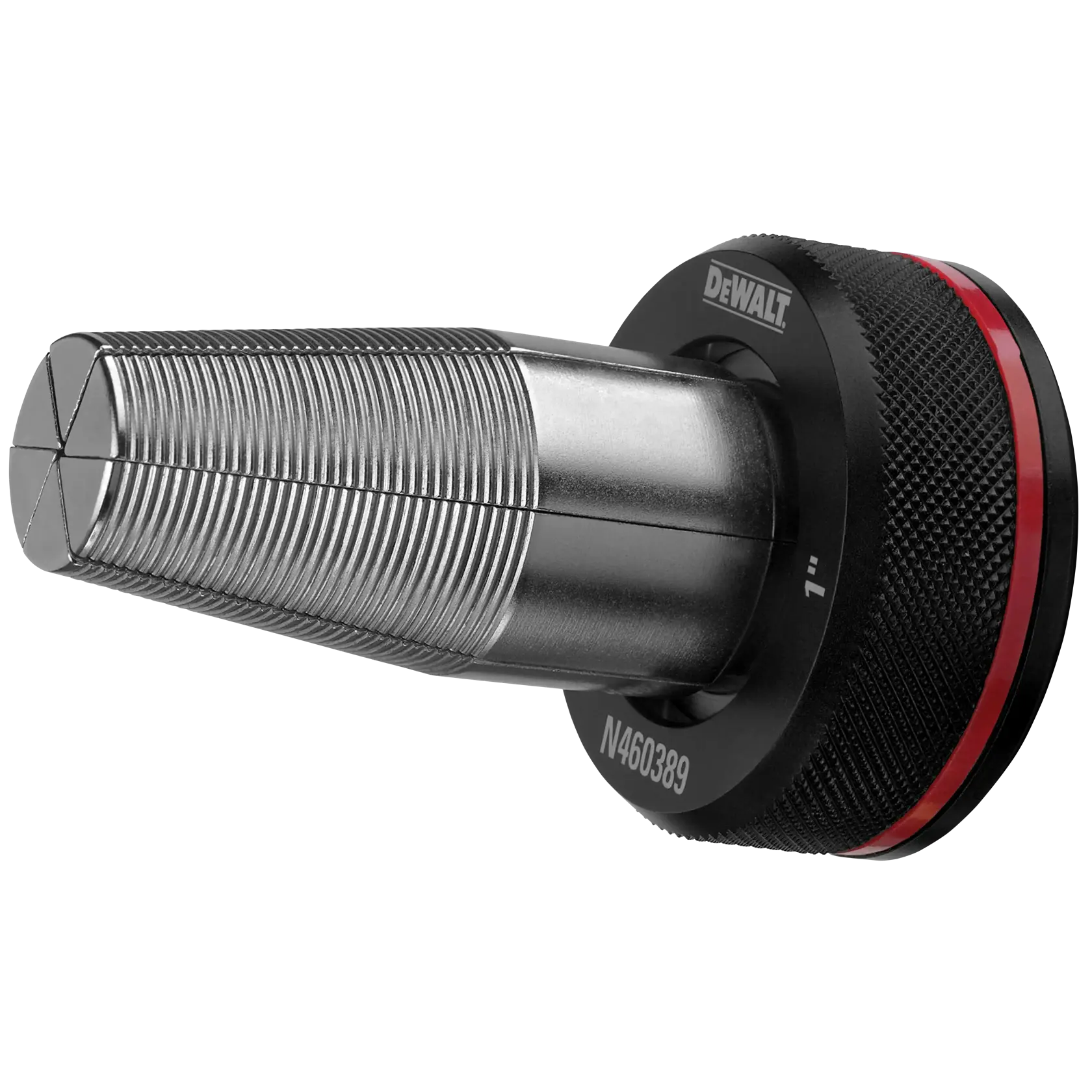 Close-up image of a DEWALT branded metal pipe reamer with a textured grip and a red accent ring. The tool is designed for cleaning and deburring the inside edges of pipes.