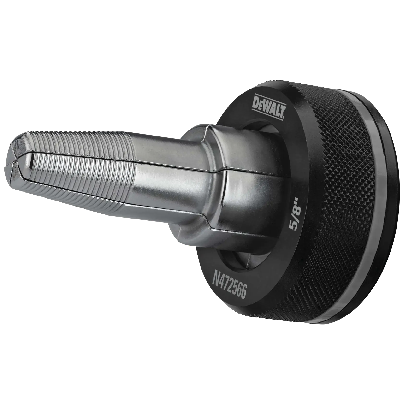 A close-up view of a DEWALT 5/8 inch pipe threader die head, designed for threading pipes. The tool features a knurled grip and metal threading components.