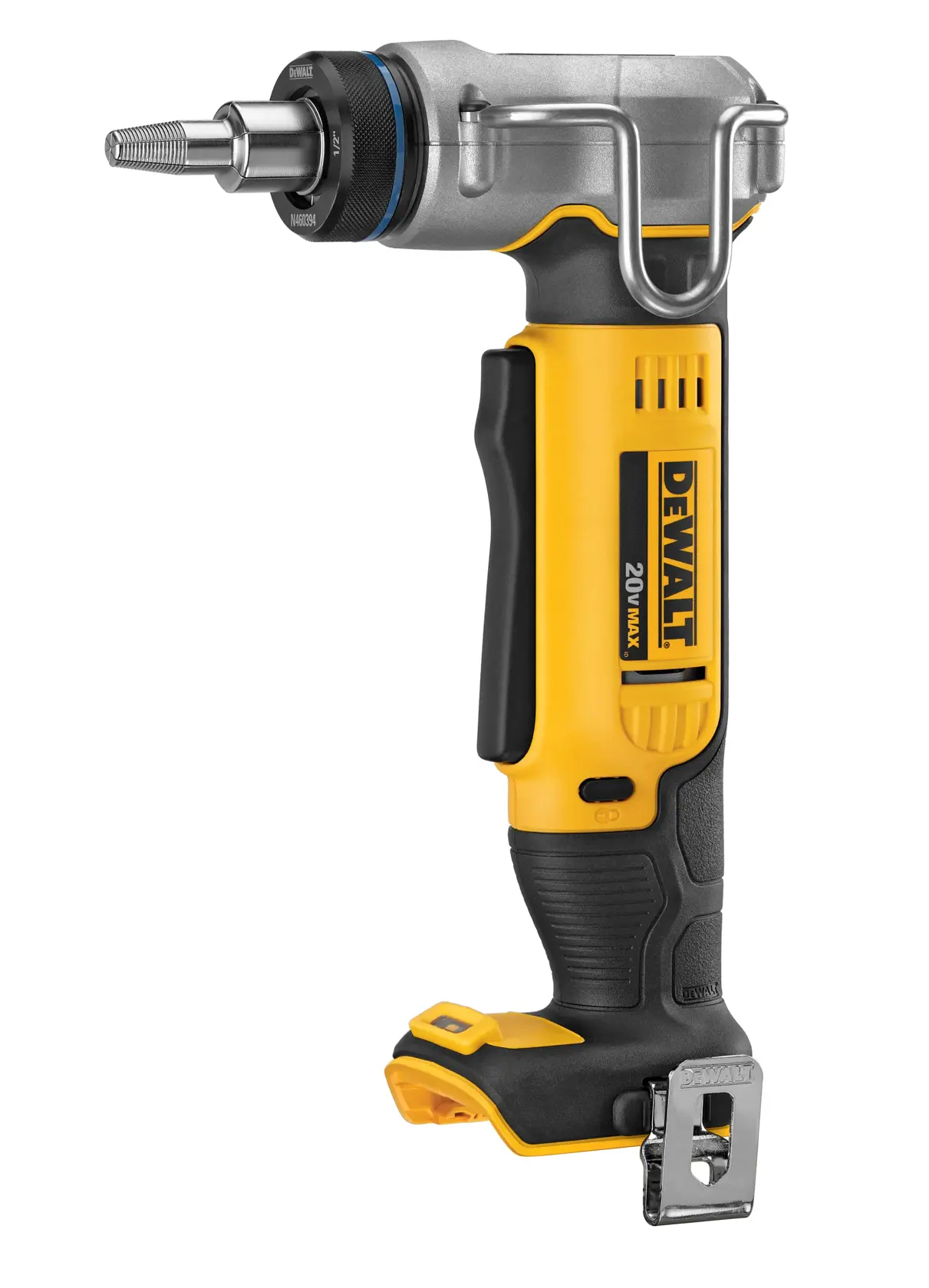 A DEWALT 20V Max cordless right angle threader tool with a yellow and black handle, metal threading head, and belt clip, shown against a white background.