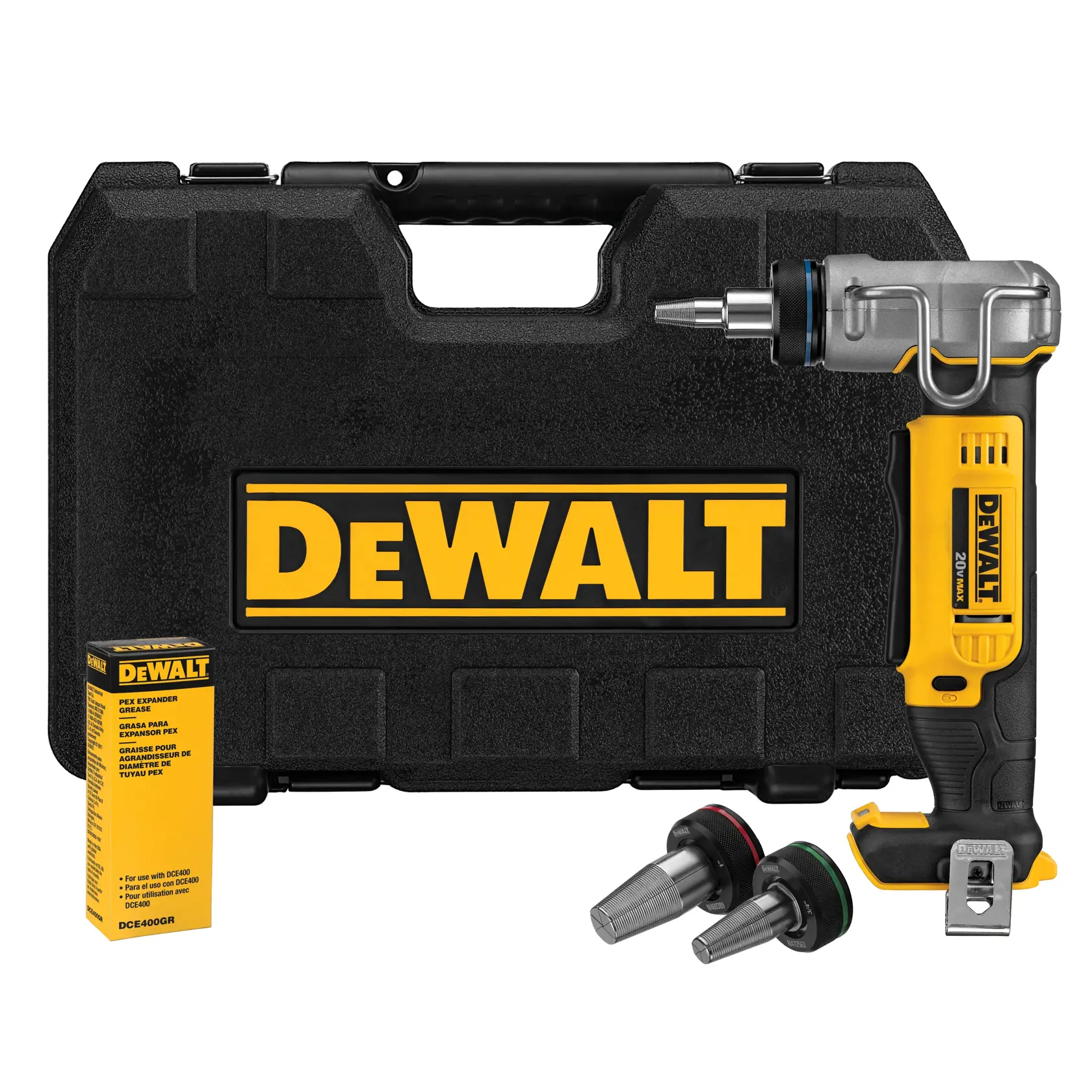 DEWALT cordless PEX expander kit including a yellow and black expander tool, a black hard carrying case with DEWALT logo, two metal expander heads, and a box of expander grease.