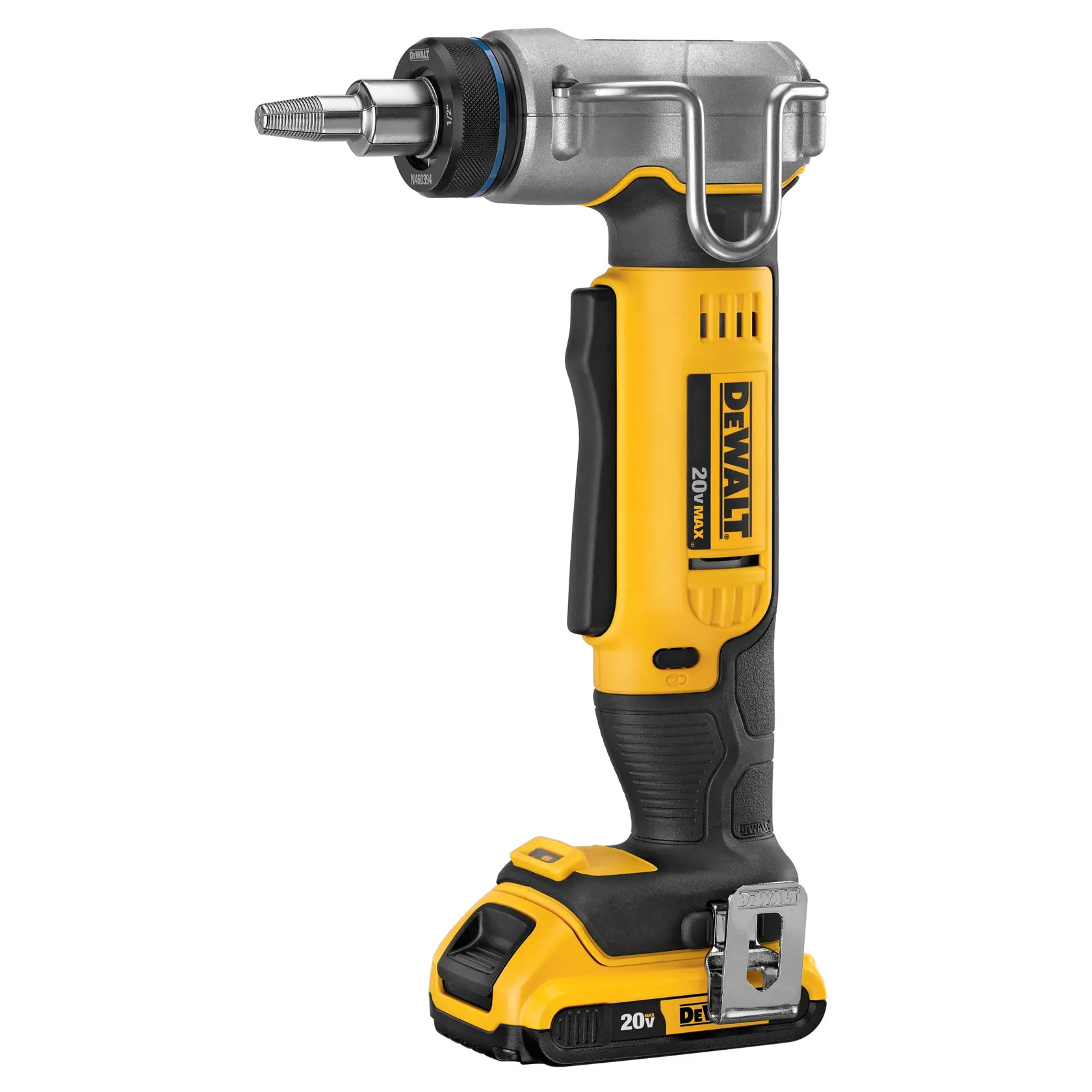 A cordless DEWALT power tool with a yellow and black body, featuring a 20V battery at the base and a compact angled head suitable for tight spaces.